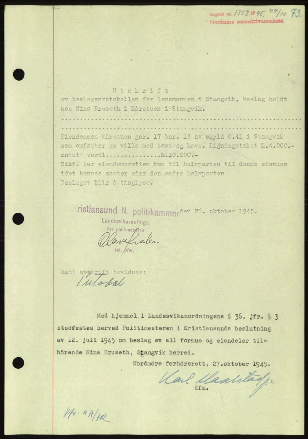 Nordmøre sorenskriveri, AV/SAT-A-4132/1/2/2Ca: Mortgage book no. B93a, 1945-1945, Diary no: : 1353/1945