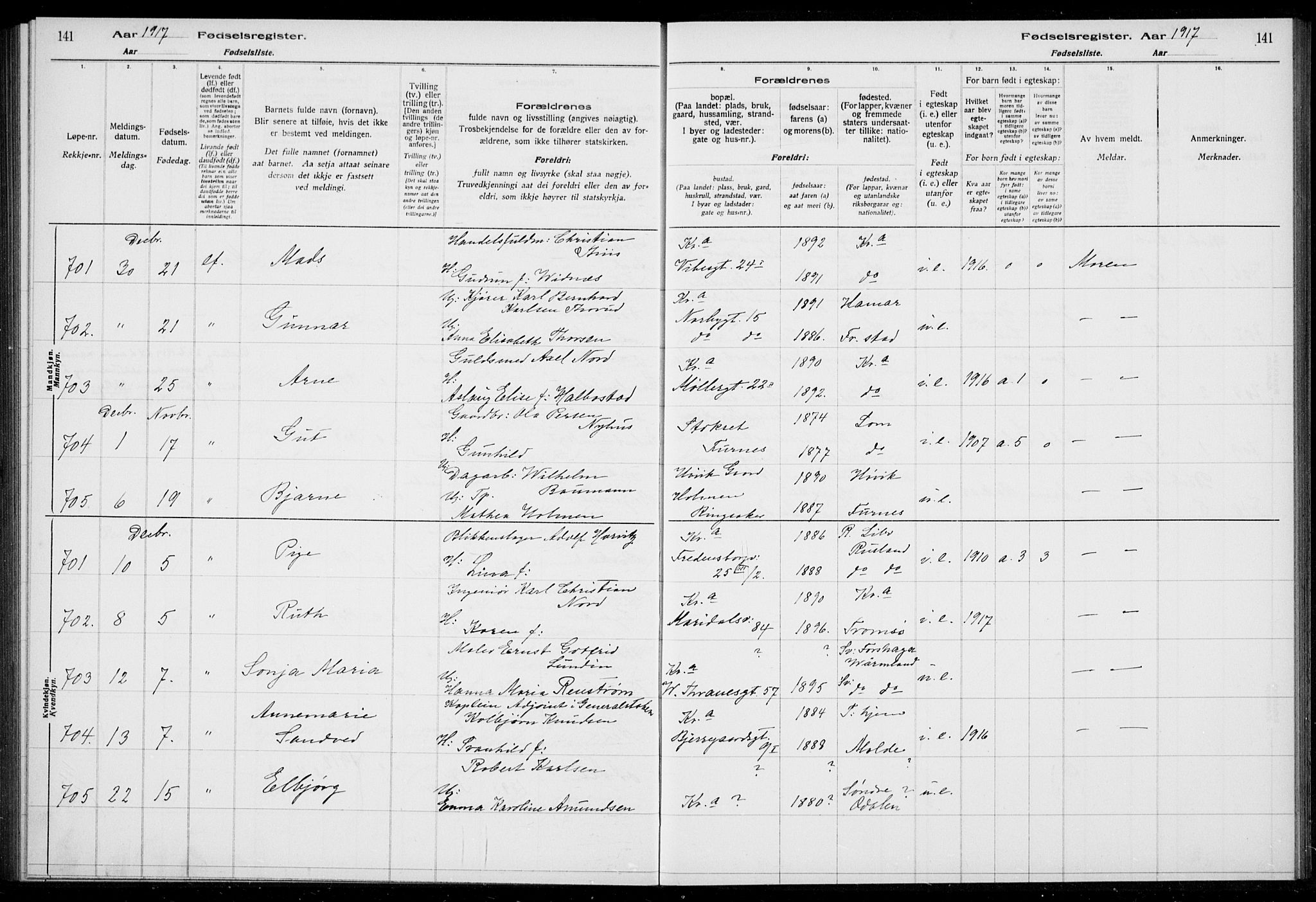 Rikshospitalet prestekontor Kirkebøker, AV/SAO-A-10309b/J/L0002: Birth register no. 2, 1917-1917, p. 141