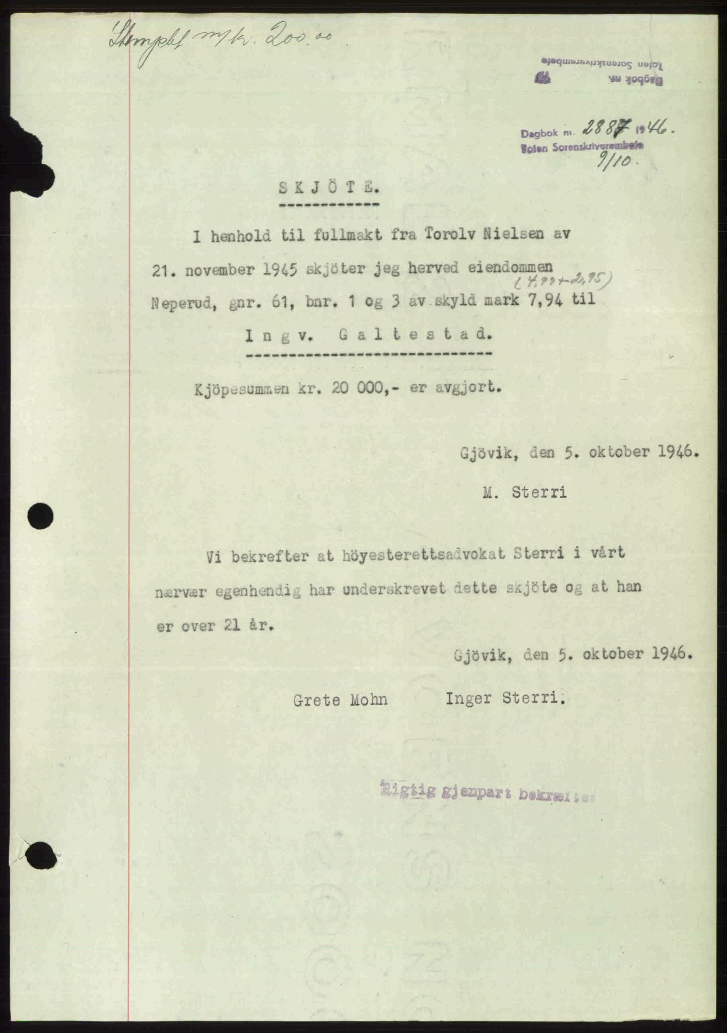 Toten tingrett, AV/SAH-TING-006/H/Hb/Hbc/L0015: Mortgage book no. Hbc-15, 1946-1946, Diary no: : 2887/1946