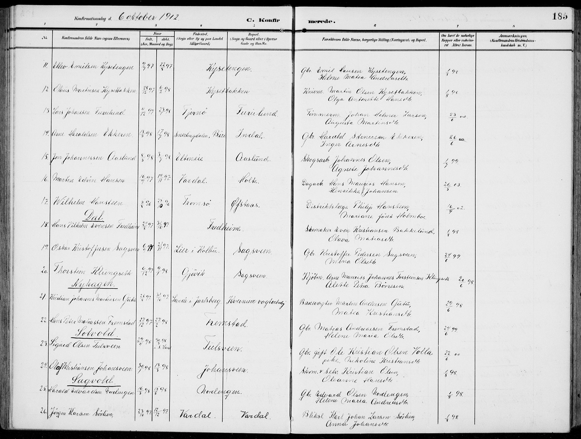 Vestre Toten prestekontor, AV/SAH-PREST-108/H/Ha/Haa/L0014: Parish register (official) no. 14, 1907-1920, p. 185