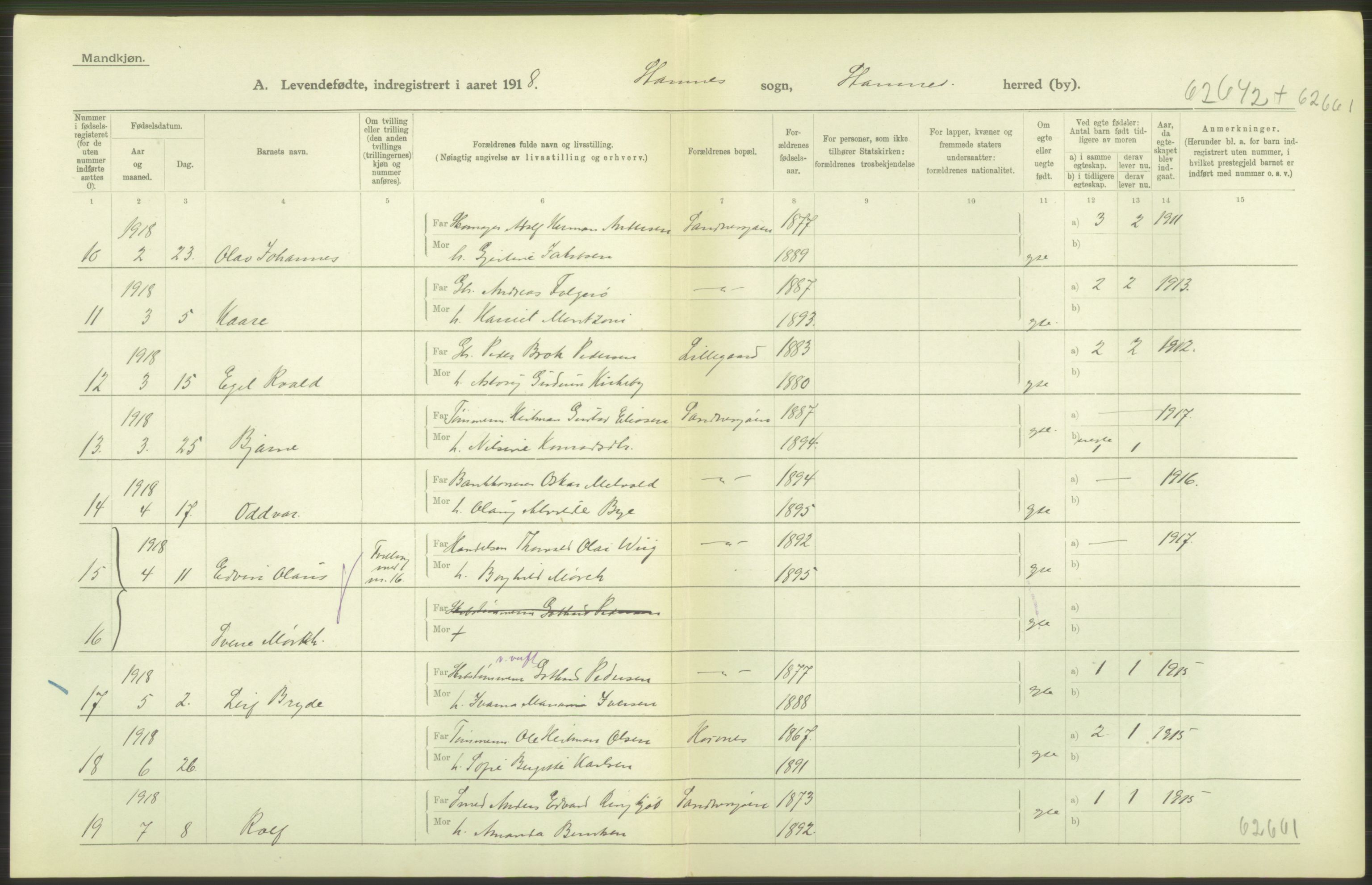 Statistisk sentralbyrå, Sosiodemografiske emner, Befolkning, AV/RA-S-2228/D/Df/Dfb/Dfbh/L0052: Nordland fylke: Levendefødte menn og kvinner. Bygder., 1918, p. 80