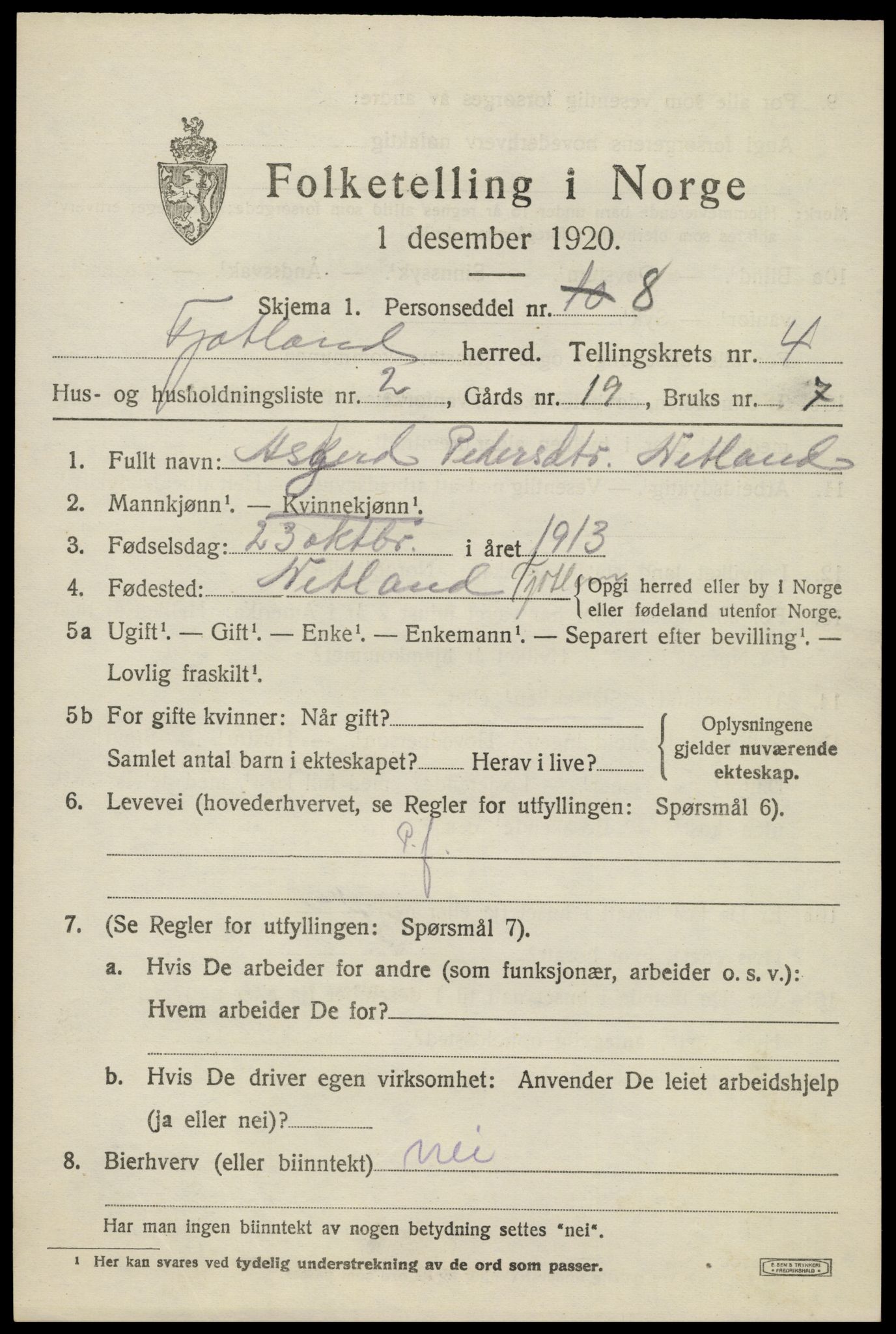 SAK, 1920 census for Fjotland, 1920, p. 1208