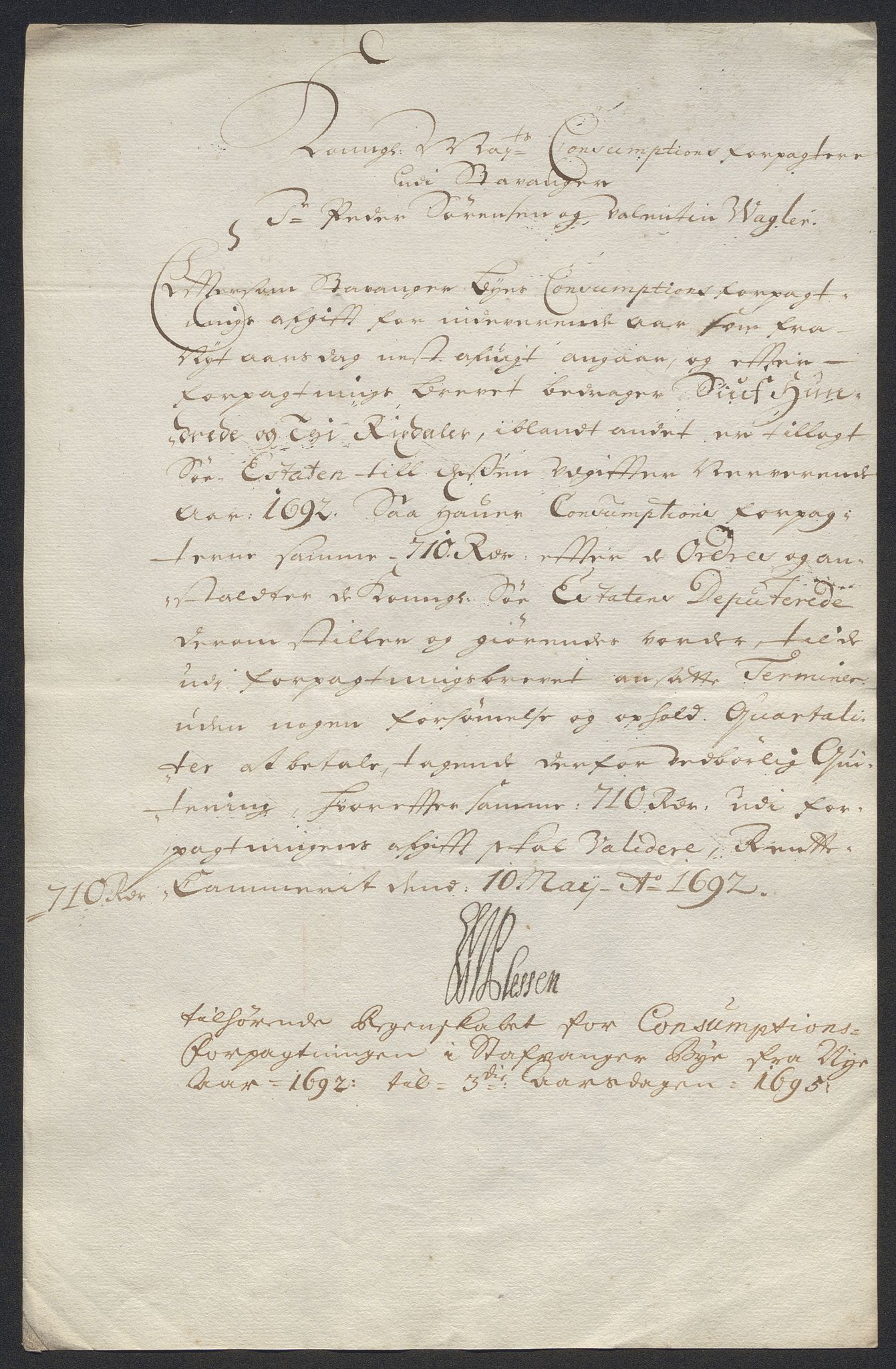 Rentekammeret inntil 1814, Reviderte regnskaper, Byregnskaper, RA/EA-4066/R/Ro/L0333: [O25] Konsumpsjonsregnskap, 1690-1704, p. 94