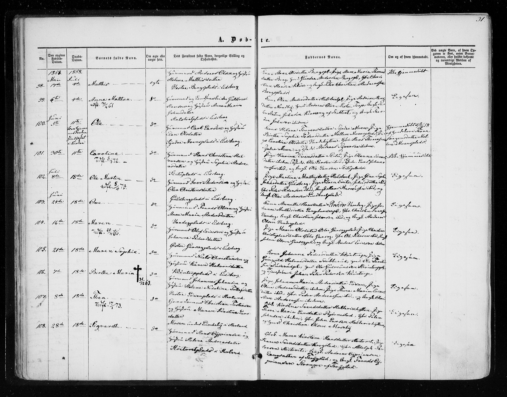 Eidsberg prestekontor Kirkebøker, SAO/A-10905/F/Fa/L0010.a: Parish register (official) no. I 10A, 1857-1866, p. 31