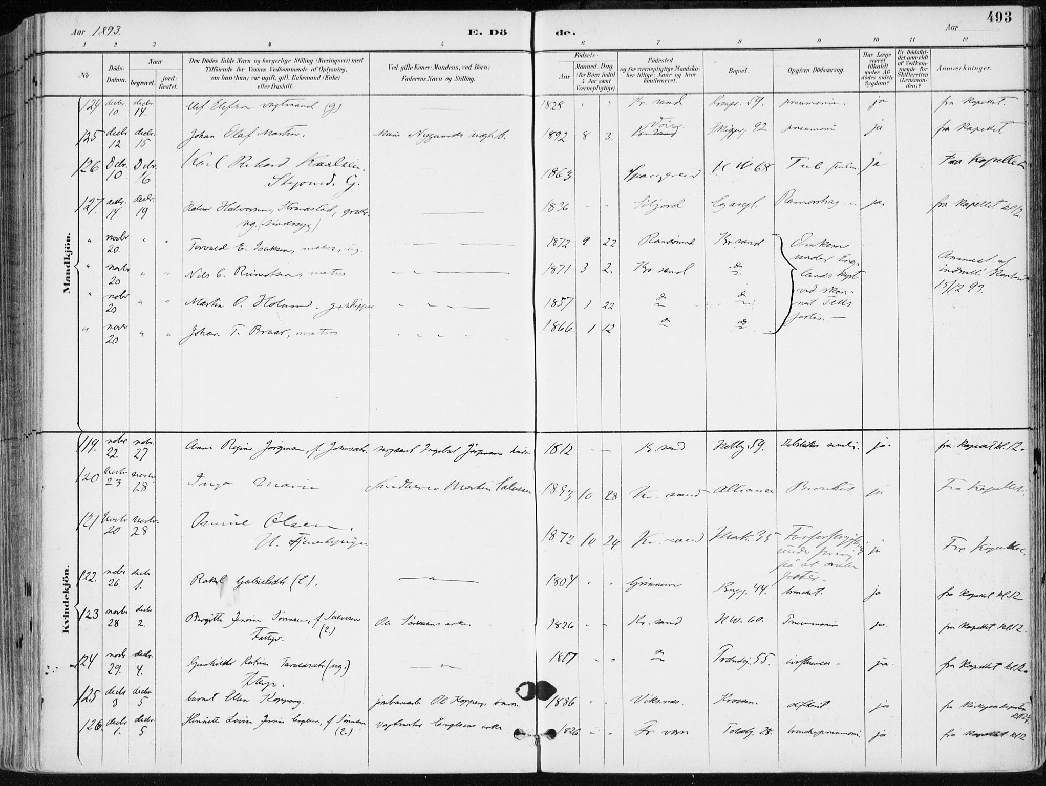 Kristiansand domprosti, AV/SAK-1112-0006/F/Fa/L0019: Parish register (official) no. A 18, 1890-1897, p. 493