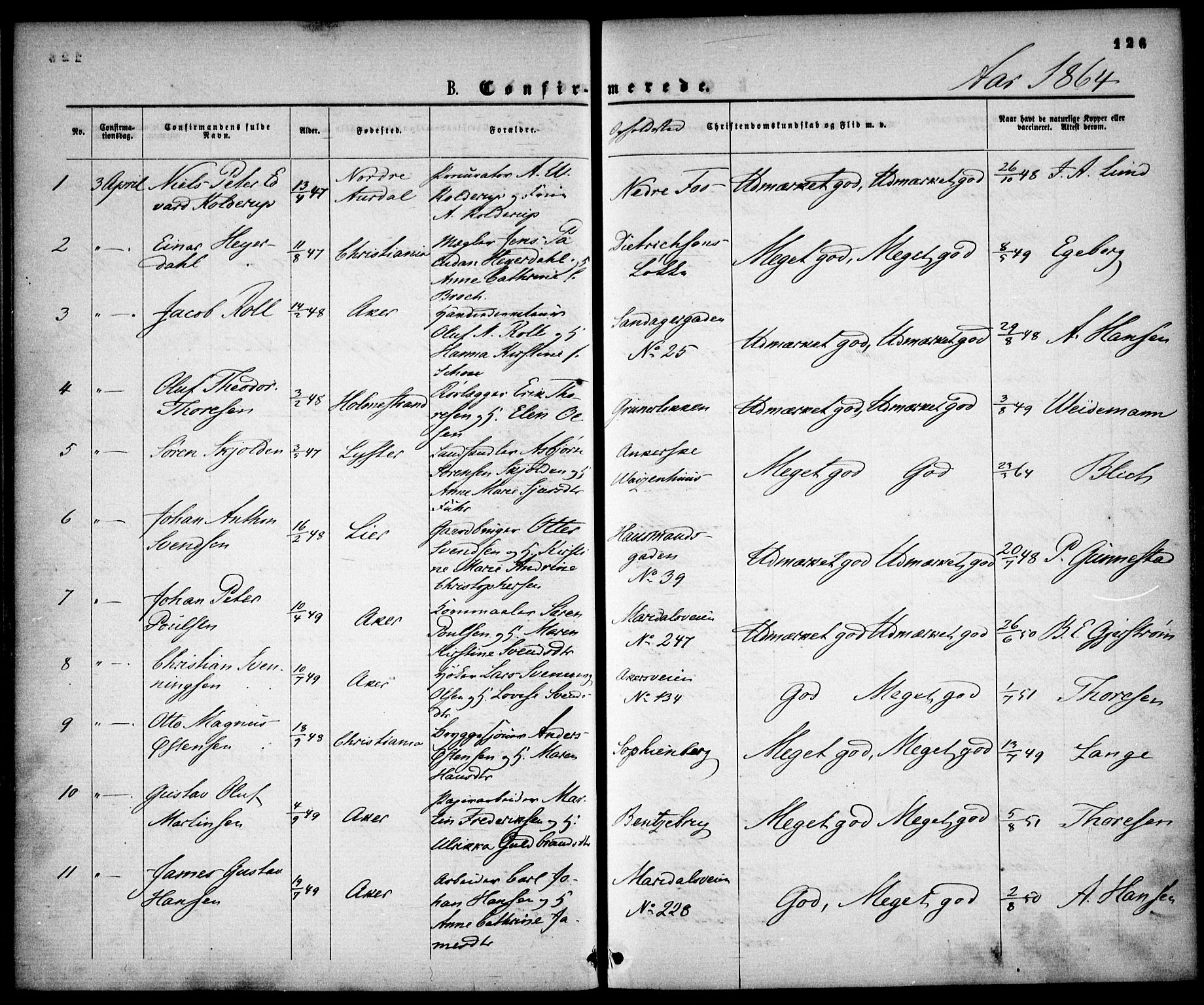 Gamle Aker prestekontor Kirkebøker, SAO/A-10617a/F/L0001: Parish register (official) no. 1, 1861-1865, p. 126