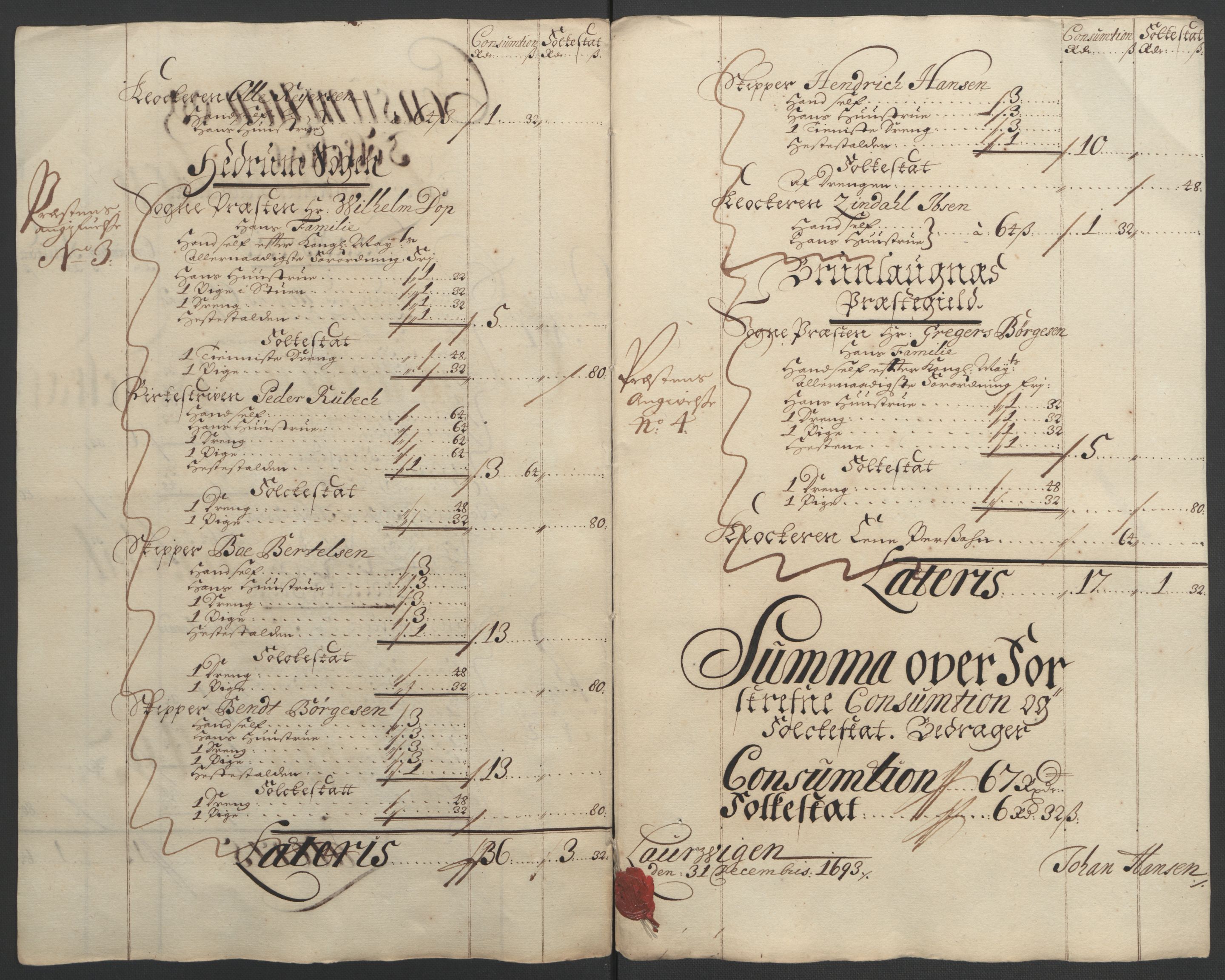 Rentekammeret inntil 1814, Reviderte regnskaper, Fogderegnskap, RA/EA-4092/R33/L1974: Fogderegnskap Larvik grevskap, 1693-1695, p. 47