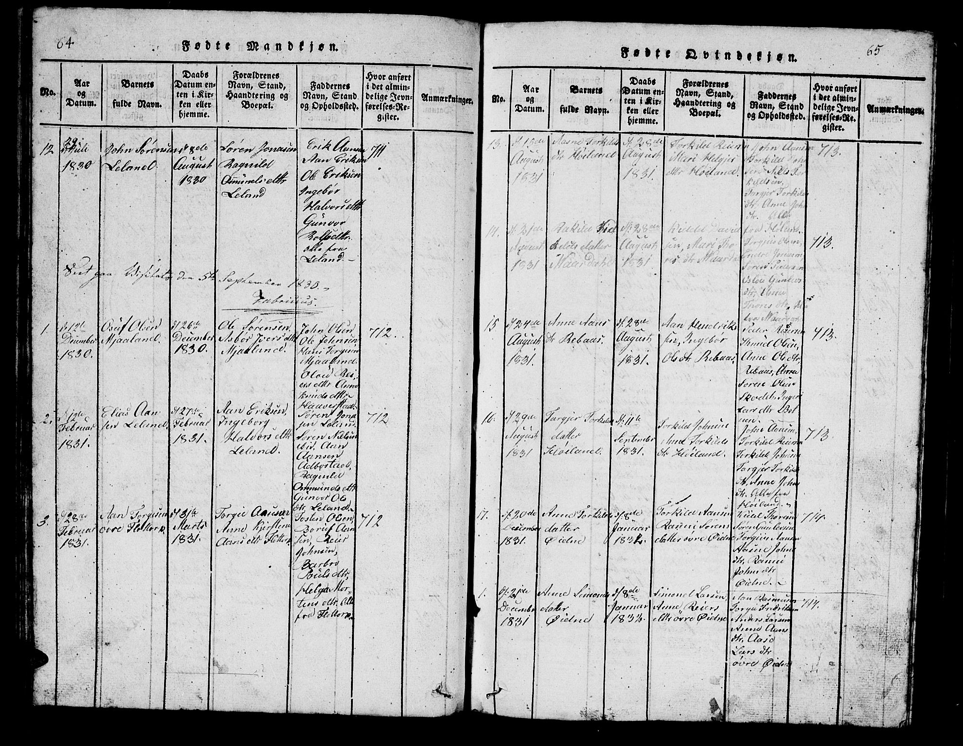 Bjelland sokneprestkontor, SAK/1111-0005/F/Fb/Fbc/L0001: Parish register (copy) no. B 1, 1815-1870, p. 64-65