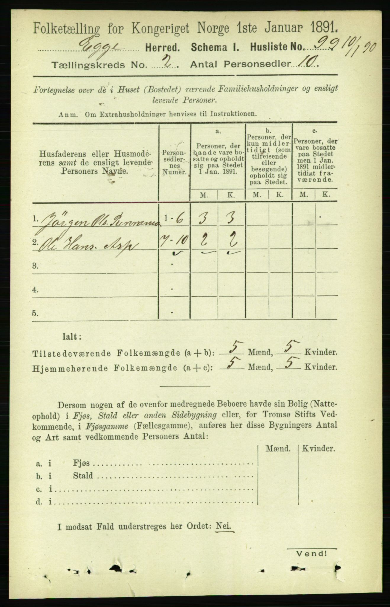 RA, 1891 census for 1733 Egge, 1891, p. 378