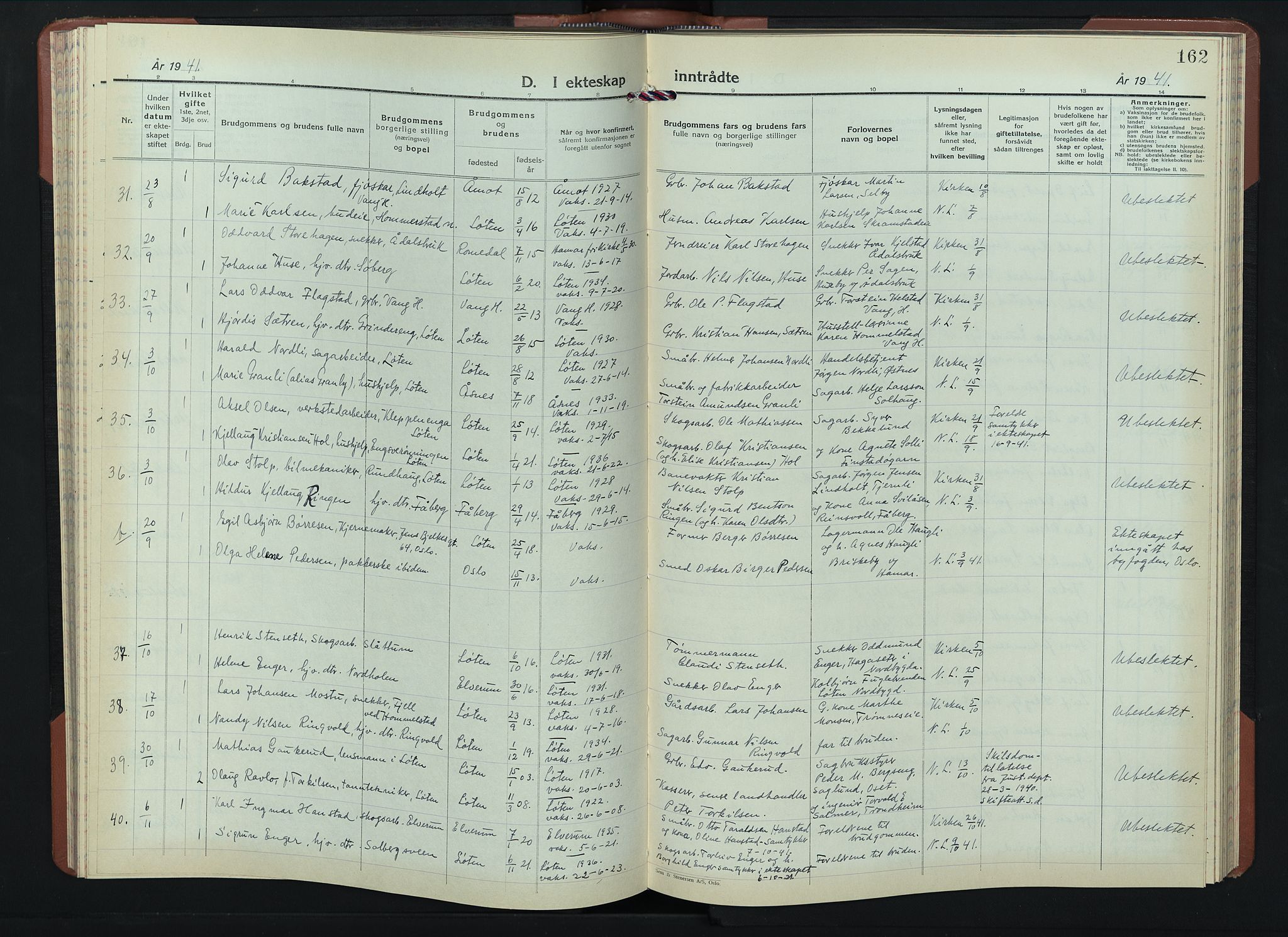 Løten prestekontor, SAH/PREST-022/L/La/L0010: Parish register (copy) no. 10, 1940-1945, p. 162