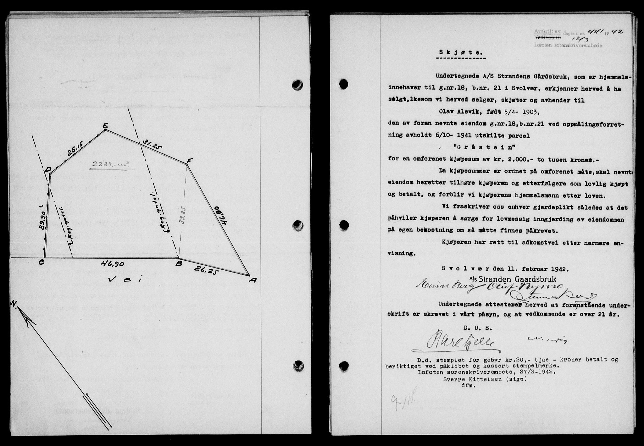 Lofoten sorenskriveri, SAT/A-0017/1/2/2C/L0009a: Mortgage book no. 9a, 1941-1942, Diary no: : 441/1942