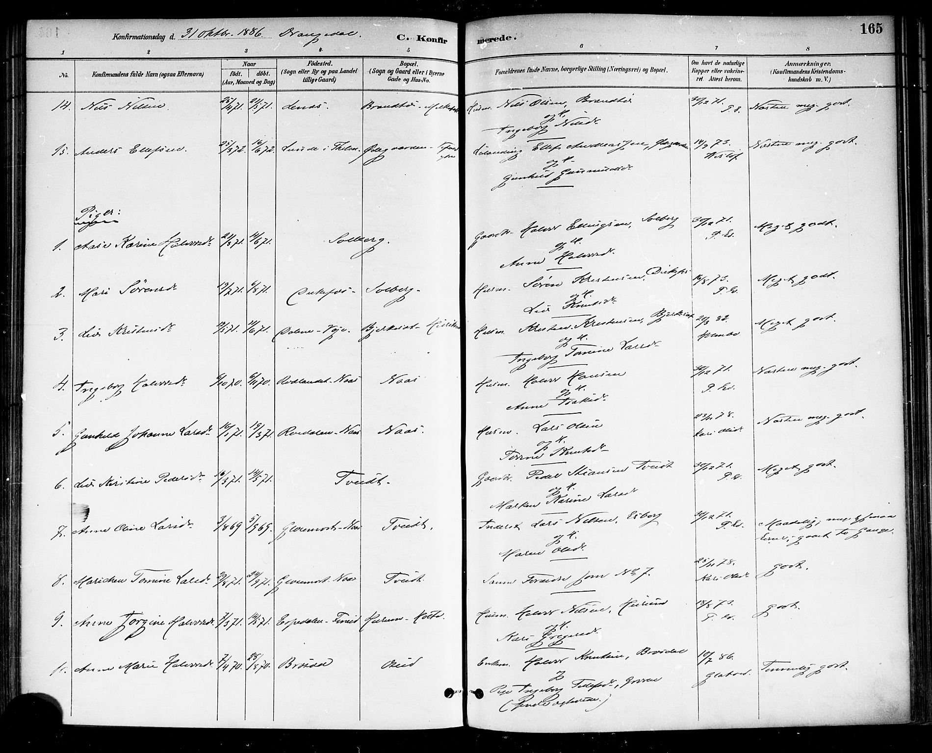 Drangedal kirkebøker, SAKO/A-258/F/Fa/L0010: Parish register (official) no. 10 /1, 1885-1894, p. 165
