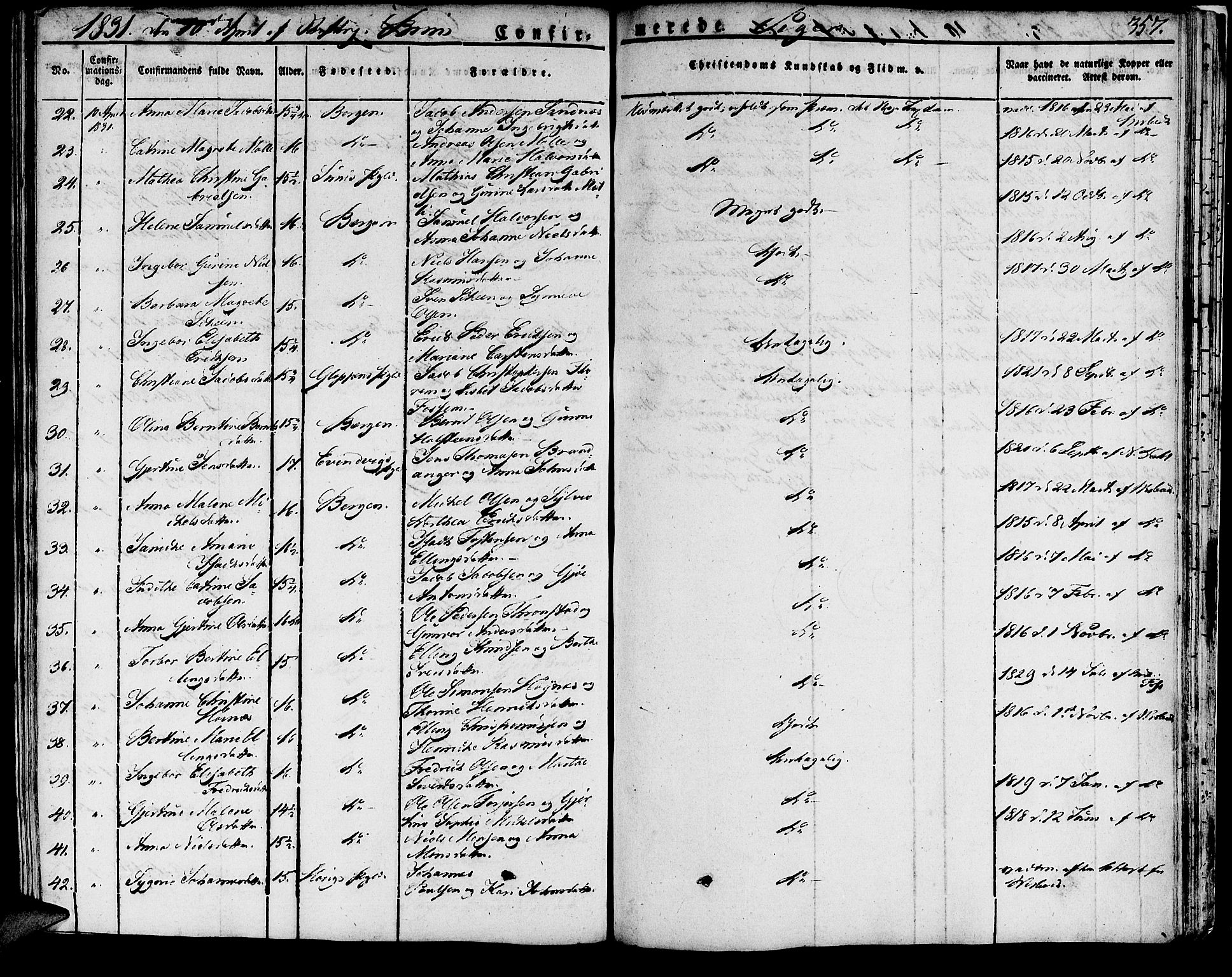 Domkirken sokneprestembete, AV/SAB-A-74801/H/Haa/L0012: Parish register (official) no. A 12, 1821-1840, p. 357