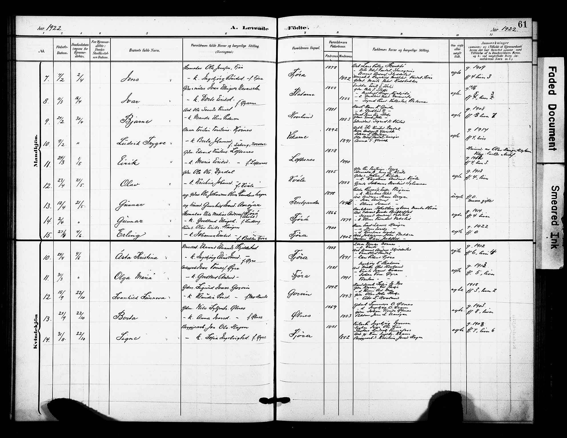 Sogndal sokneprestembete, AV/SAB-A-81301/H/Hab/Haba/L0002: Parish register (copy) no. A 2, 1908-1924, p. 61