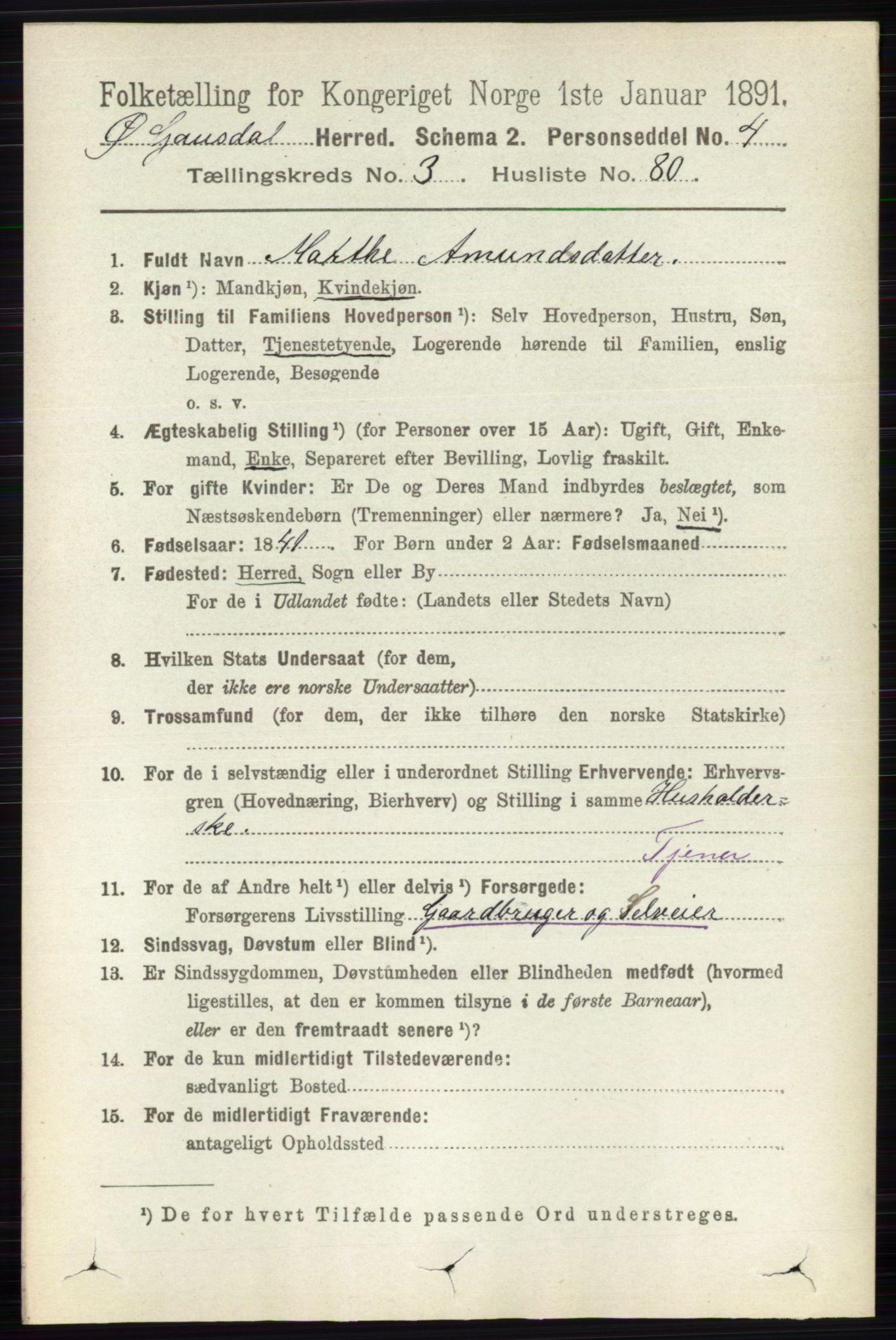 RA, 1891 census for 0522 Østre Gausdal, 1891, p. 2316