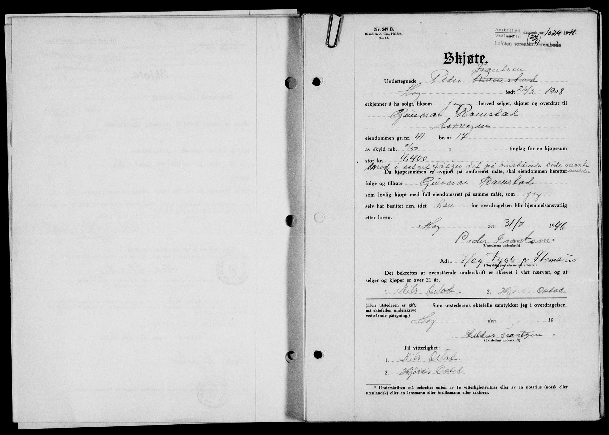 Lofoten sorenskriveri, SAT/A-0017/1/2/2C/L0018a: Mortgage book no. 18a, 1948-1948, Diary no: : 1029/1948