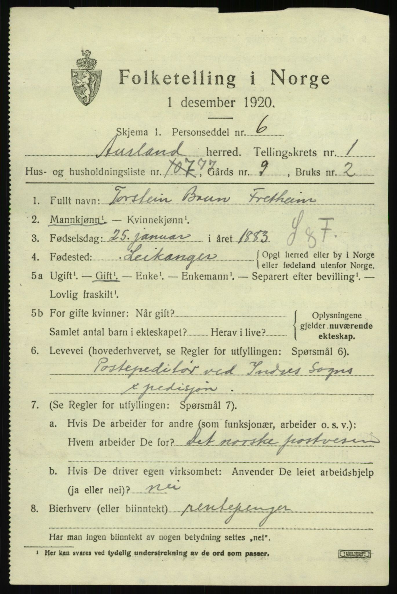 SAB, 1920 census for Aurland, 1920, p. 1824