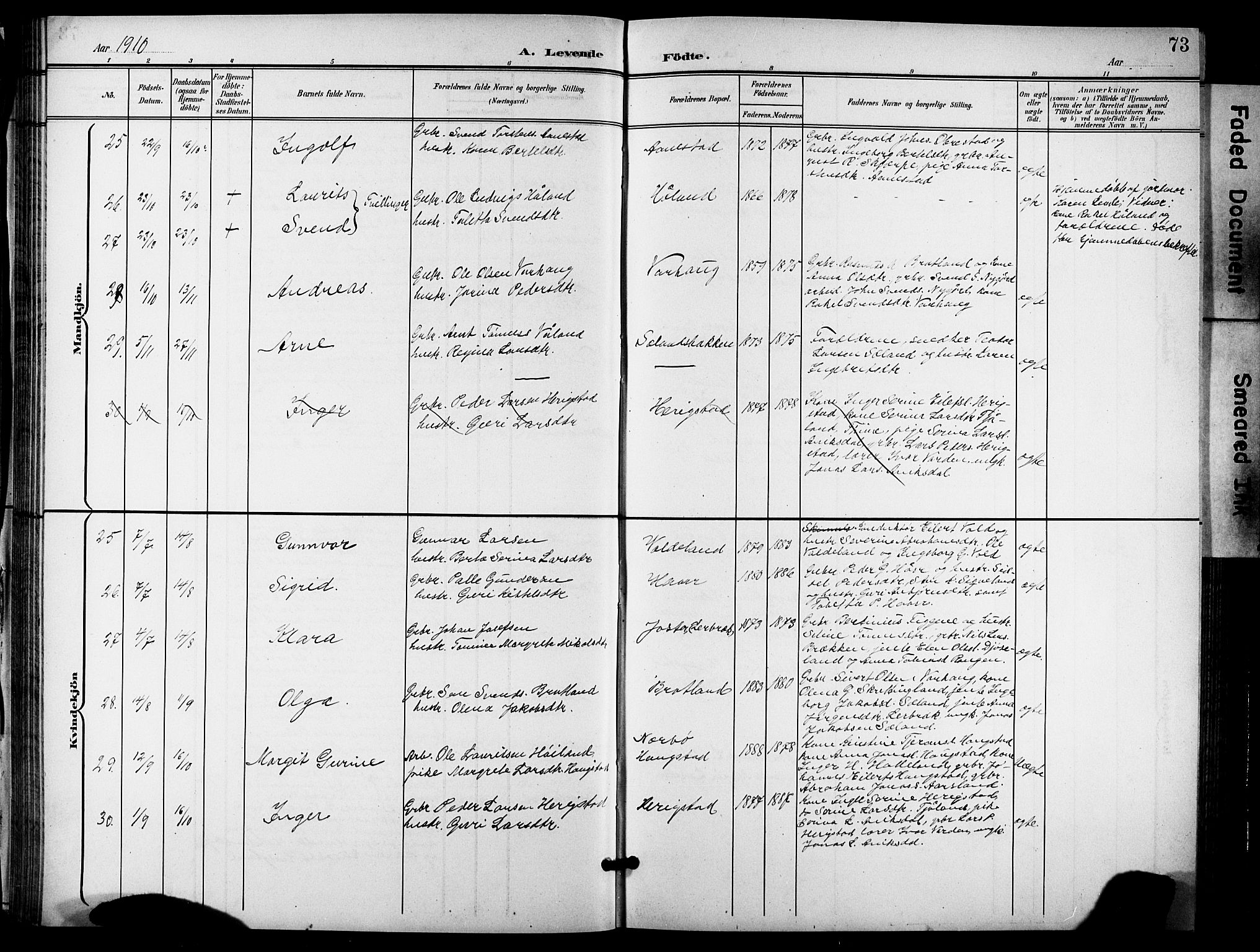 Hå sokneprestkontor, AV/SAST-A-101801/001/30BB/L0006: Parish register (copy) no. B 6, 1900-1924, p. 73