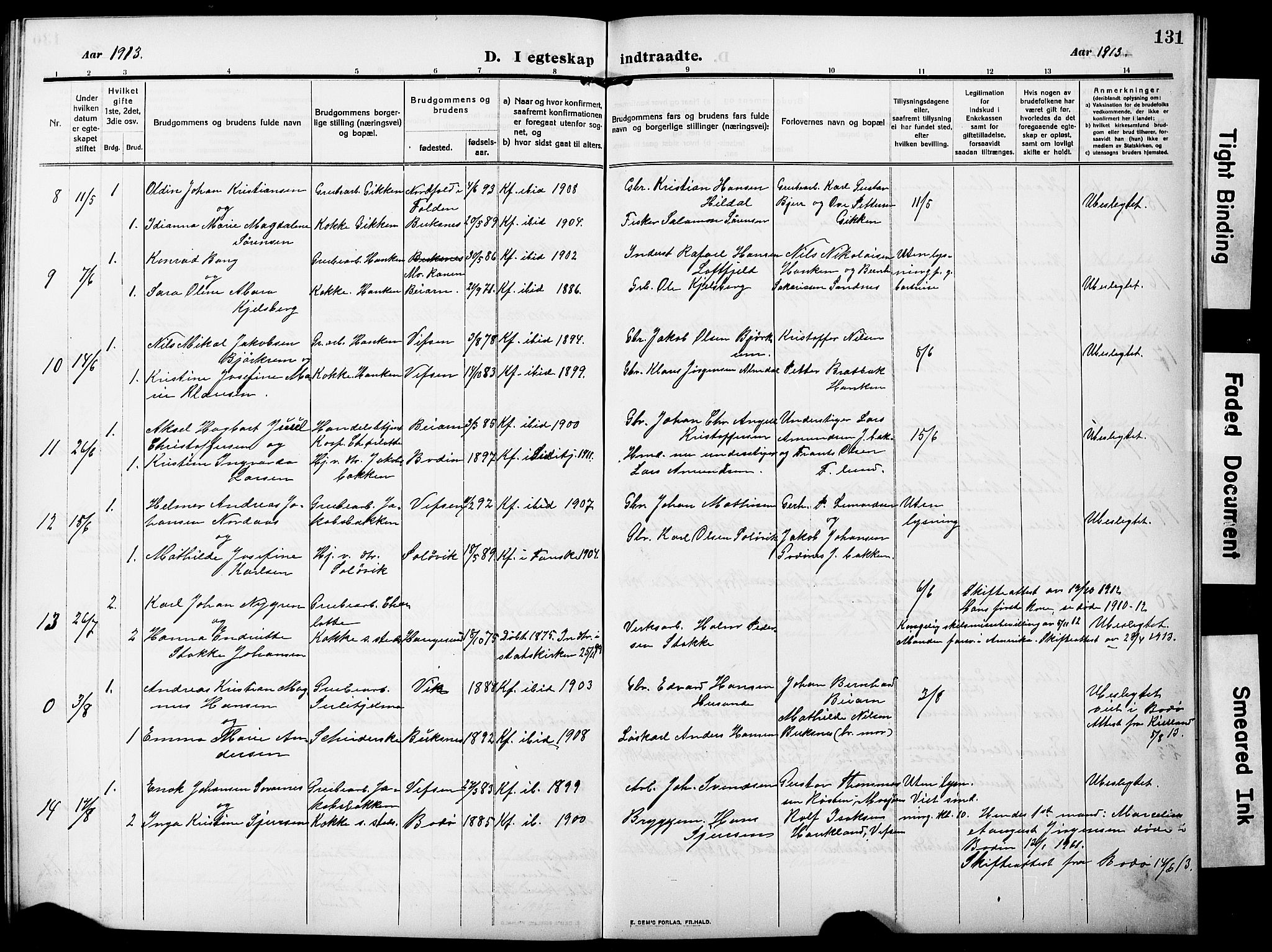 Ministerialprotokoller, klokkerbøker og fødselsregistre - Nordland, AV/SAT-A-1459/850/L0710: Parish register (official) no. 850A02, 1910-1920, p. 131