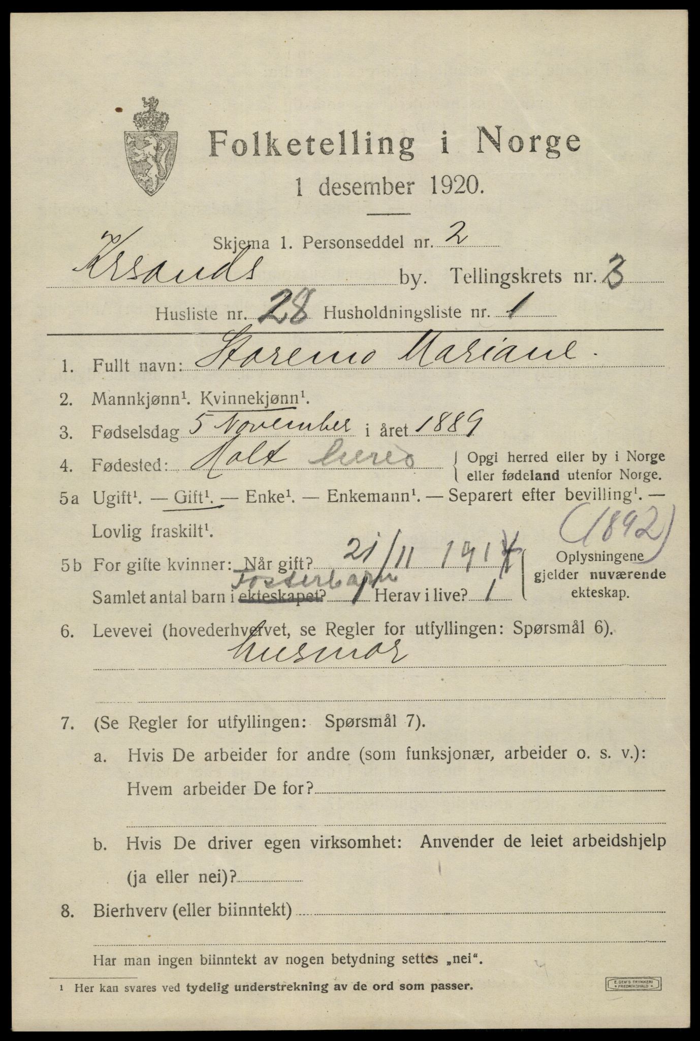 SAK, 1920 census for Kristiansand, 1920, p. 14369