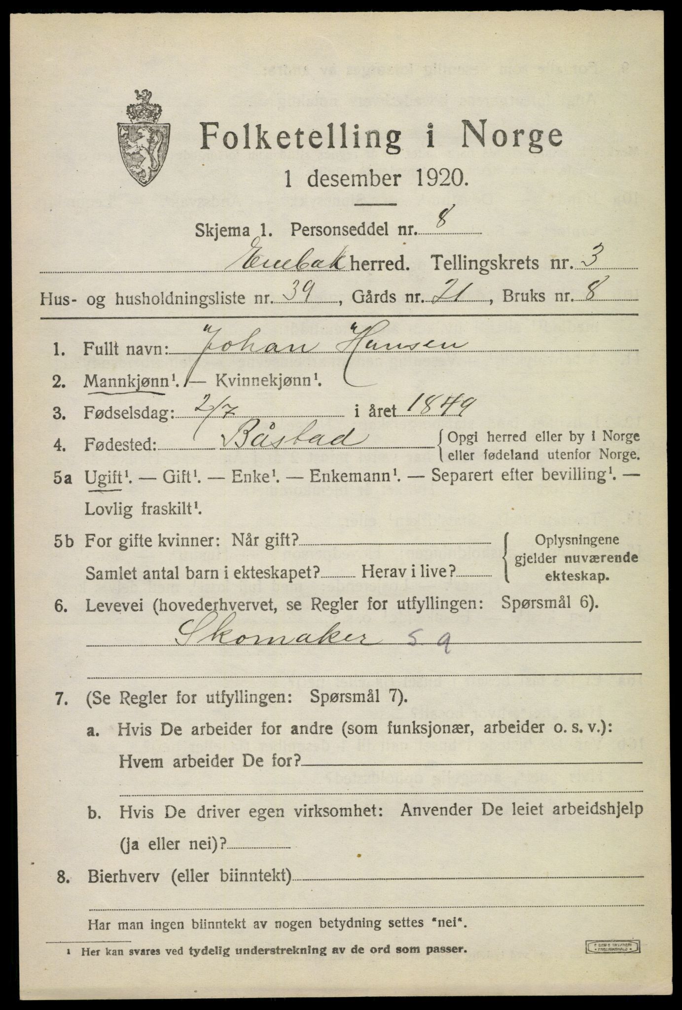 SAO, 1920 census for Enebakk, 1920, p. 3201