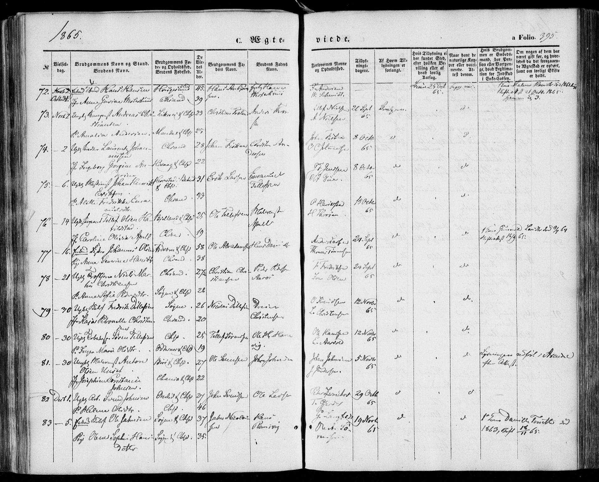 Kristiansand domprosti, AV/SAK-1112-0006/F/Fa/L0014: Parish register (official) no. A 14, 1852-1867, p. 395