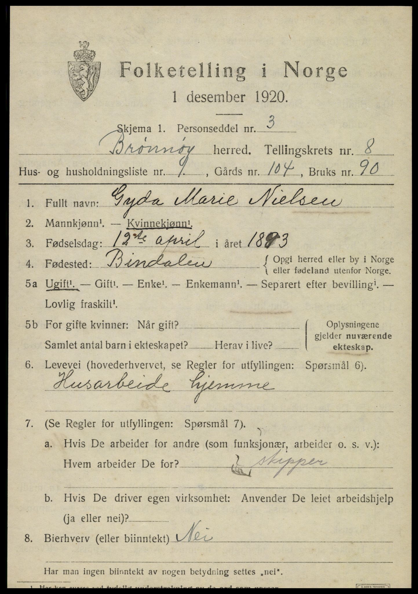 SAT, 1920 census for Brønnøy, 1920, p. 5878