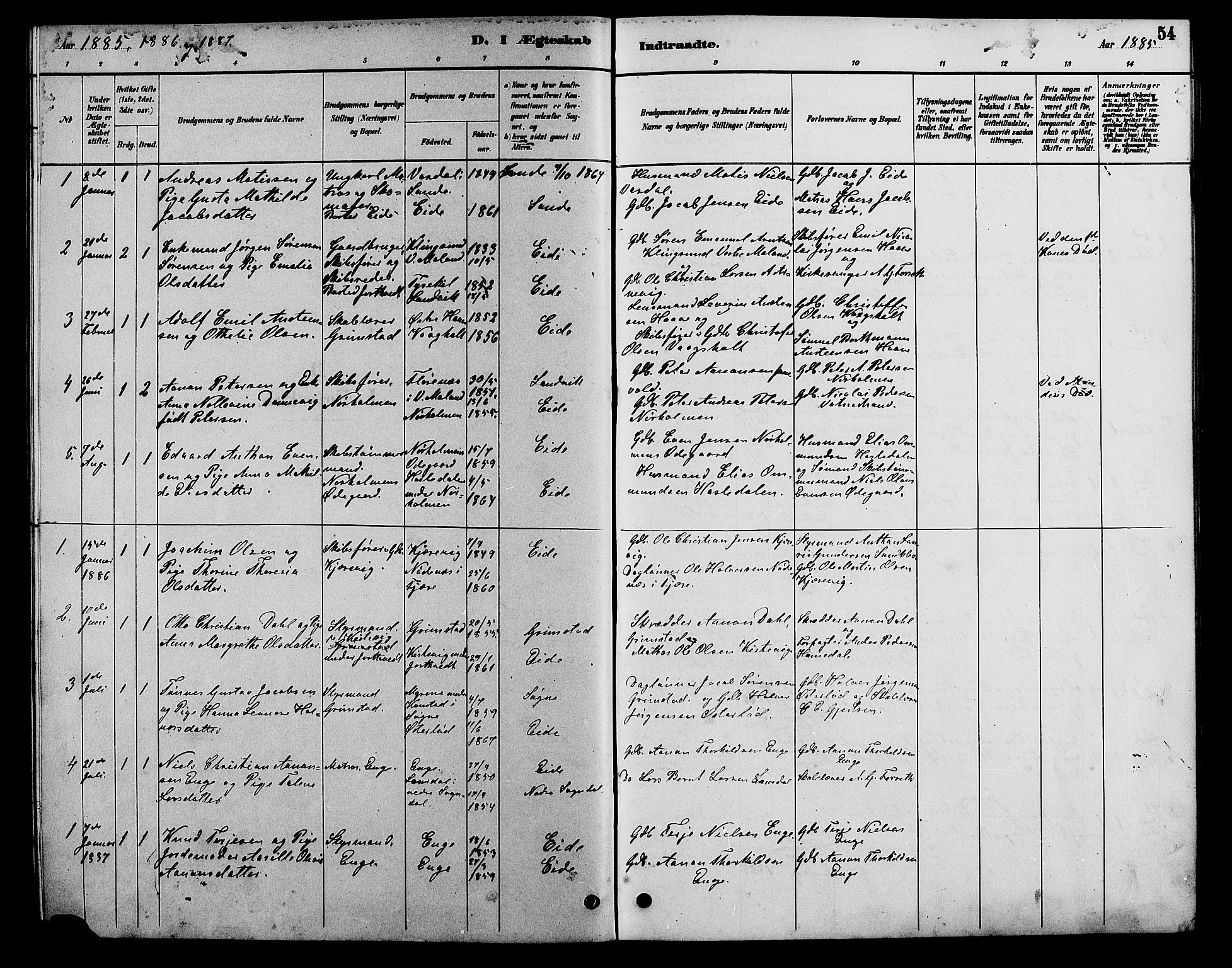 Hommedal sokneprestkontor, SAK/1111-0023/F/Fb/Fba/L0004: Parish register (copy) no. B 4, 1885-1908, p. 54