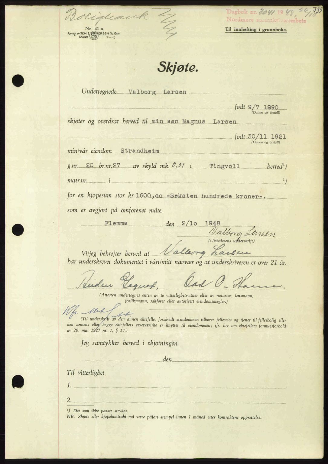 Nordmøre sorenskriveri, AV/SAT-A-4132/1/2/2Ca: Mortgage book no. A109, 1948-1948, Diary no: : 3041/1948