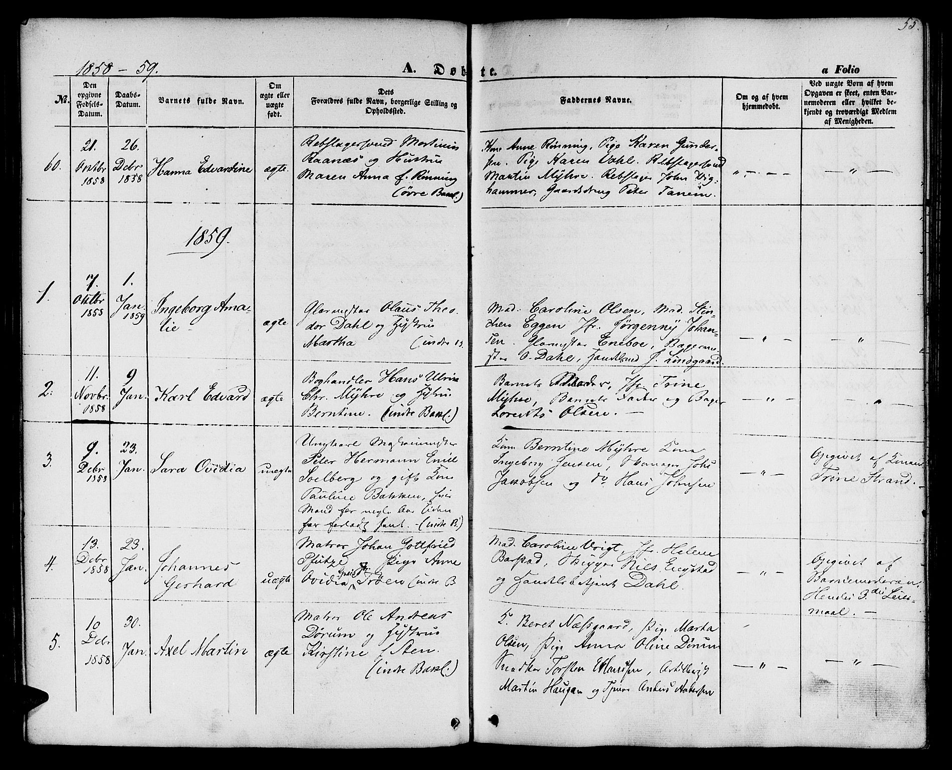 Ministerialprotokoller, klokkerbøker og fødselsregistre - Sør-Trøndelag, SAT/A-1456/604/L0184: Parish register (official) no. 604A05, 1851-1860, p. 55