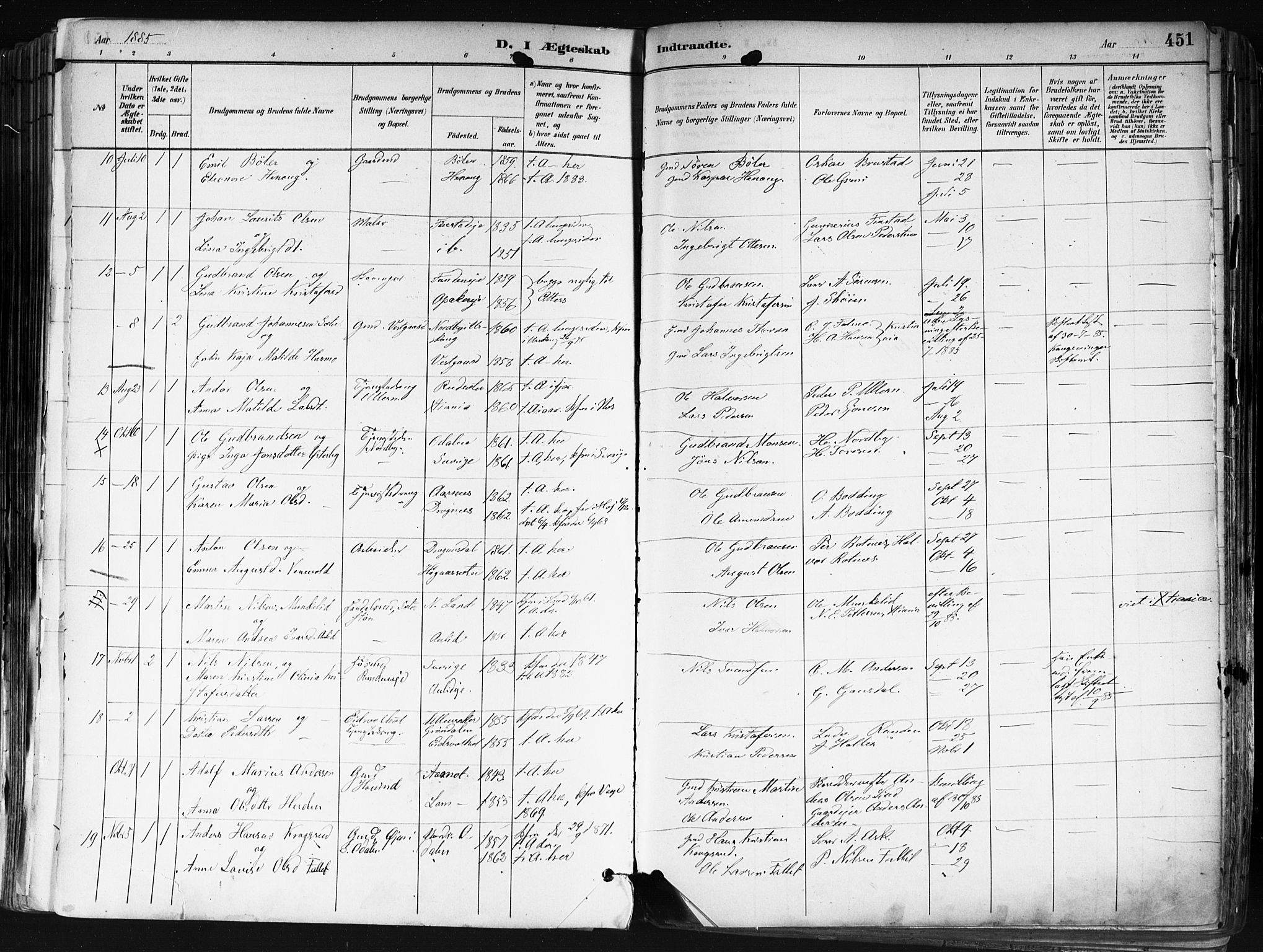 Nes prestekontor Kirkebøker, AV/SAO-A-10410/F/Fa/L0010: Parish register (official) no. I 10, 1883-1898, p. 451