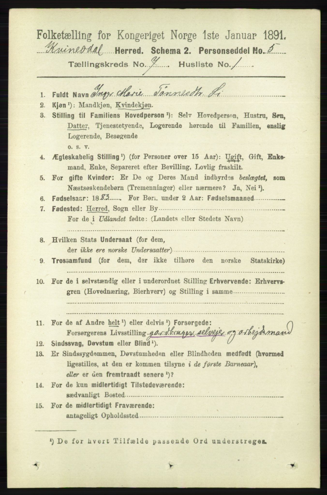 RA, 1891 census for 1037 Kvinesdal, 1891, p. 2425