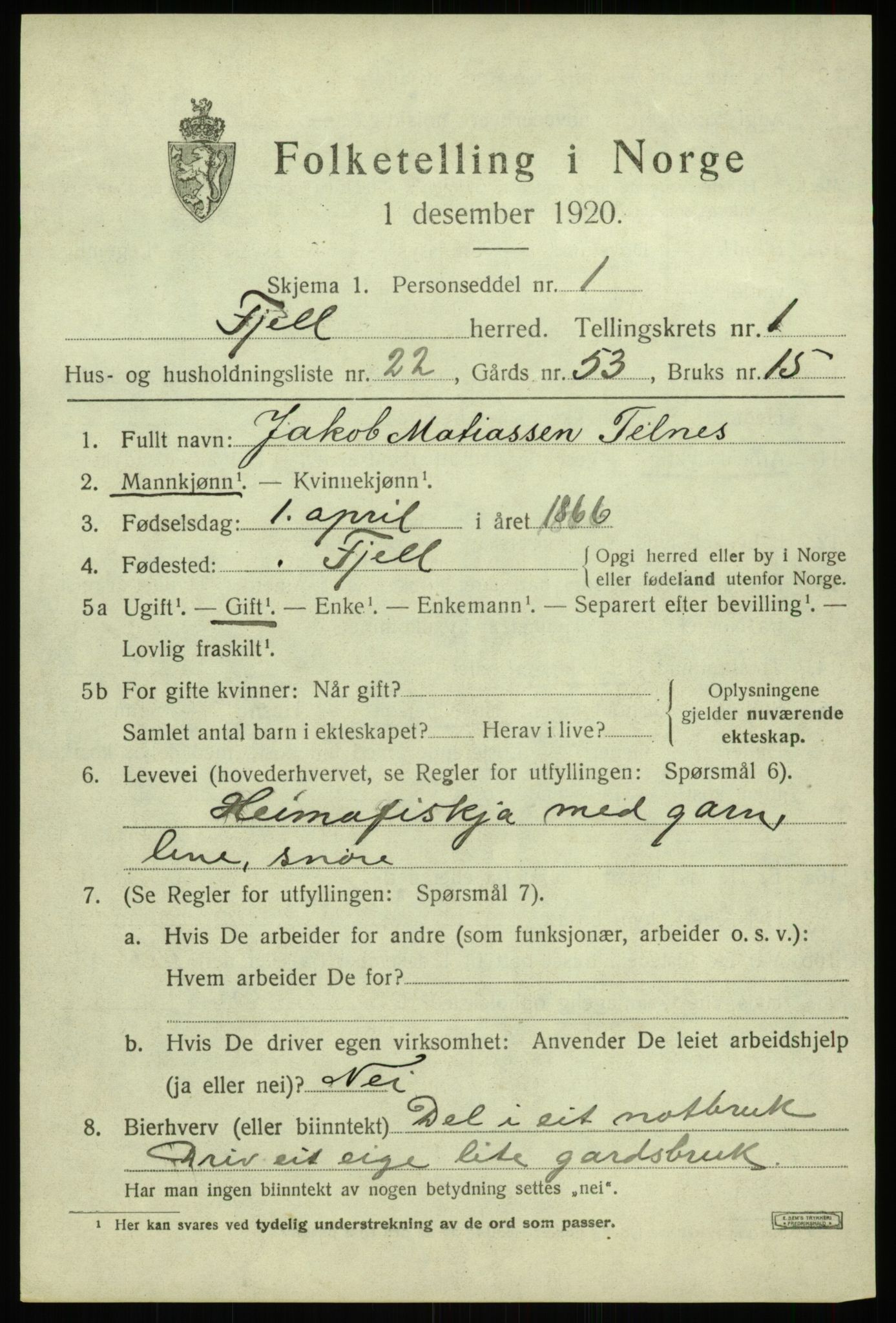 SAB, 1920 census for Fjell, 1920, p. 1738