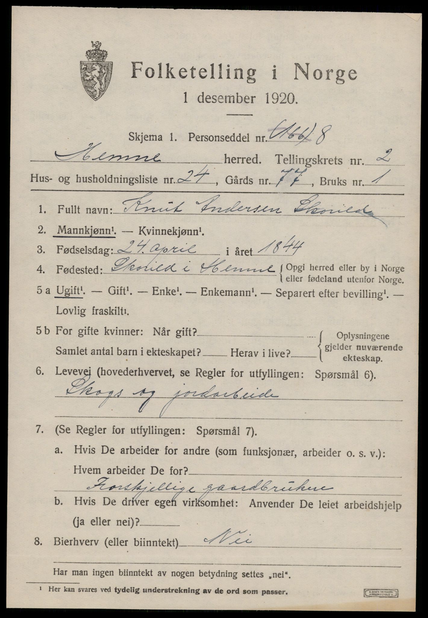 SAT, 1920 census for Hemne, 1920, p. 2136