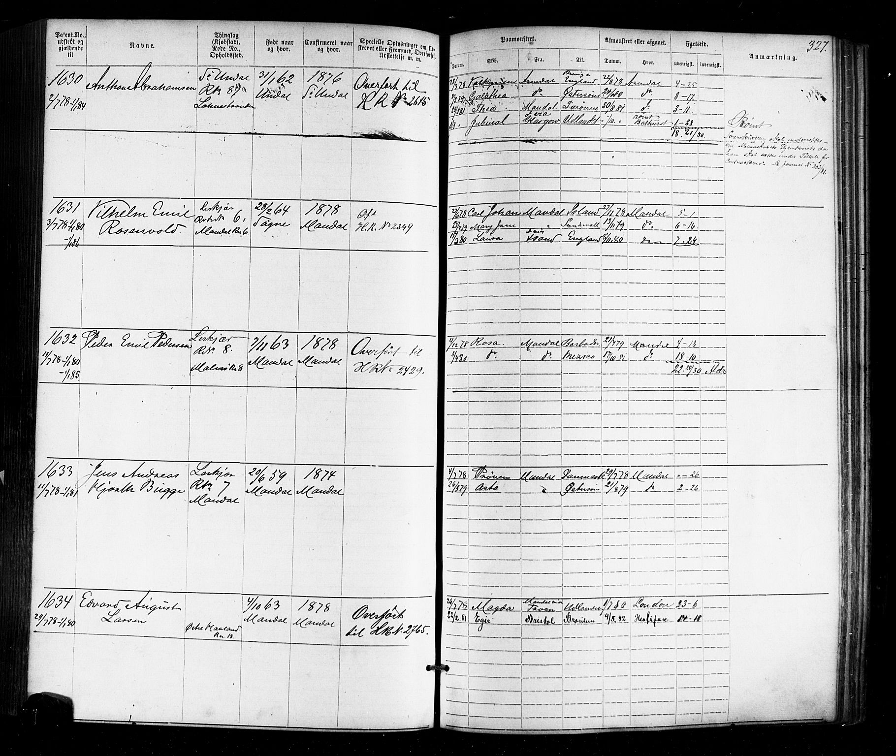 Mandal mønstringskrets, AV/SAK-2031-0016/F/Fa/L0005: Annotasjonsrulle nr 1-1909 med register, Y-15, 1868-1880, p. 372