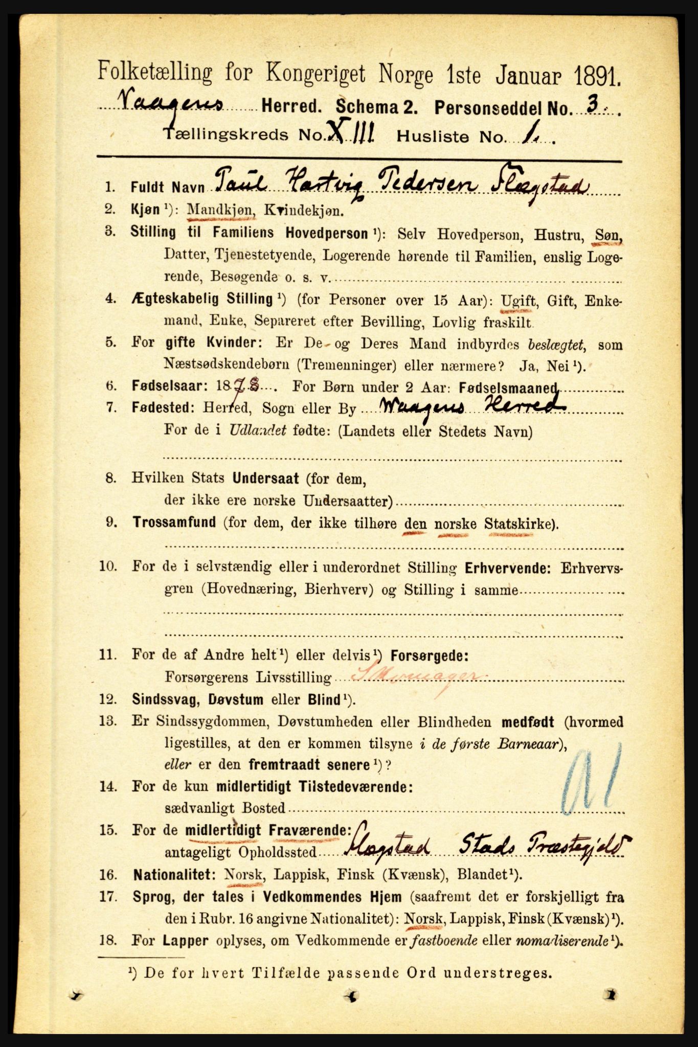 RA, 1891 census for 1865 Vågan, 1891, p. 3323