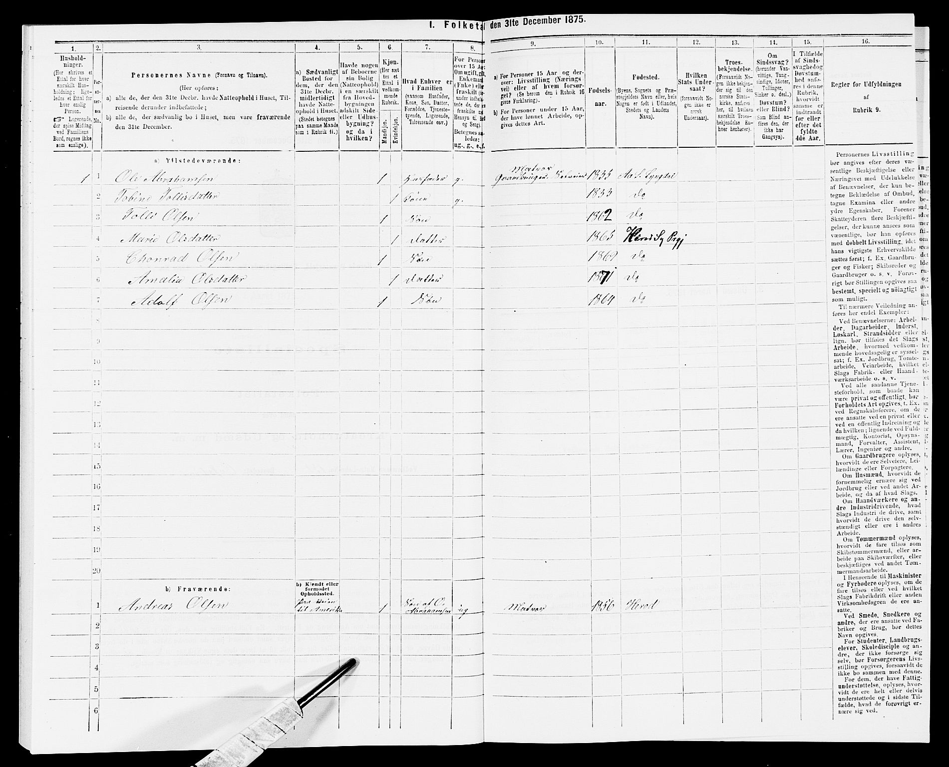 SAK, 1875 census for 1039P Herad, 1875, p. 437