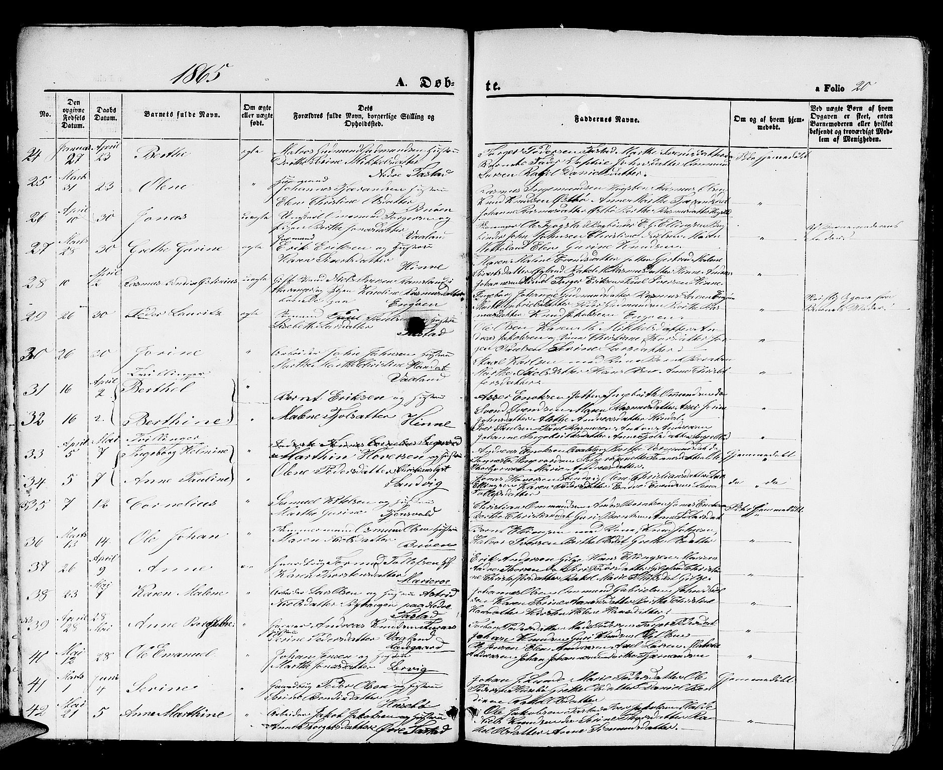 Hetland sokneprestkontor, SAST/A-101826/30/30BB/L0003: Parish register (copy) no. B 3, 1863-1877, p. 20