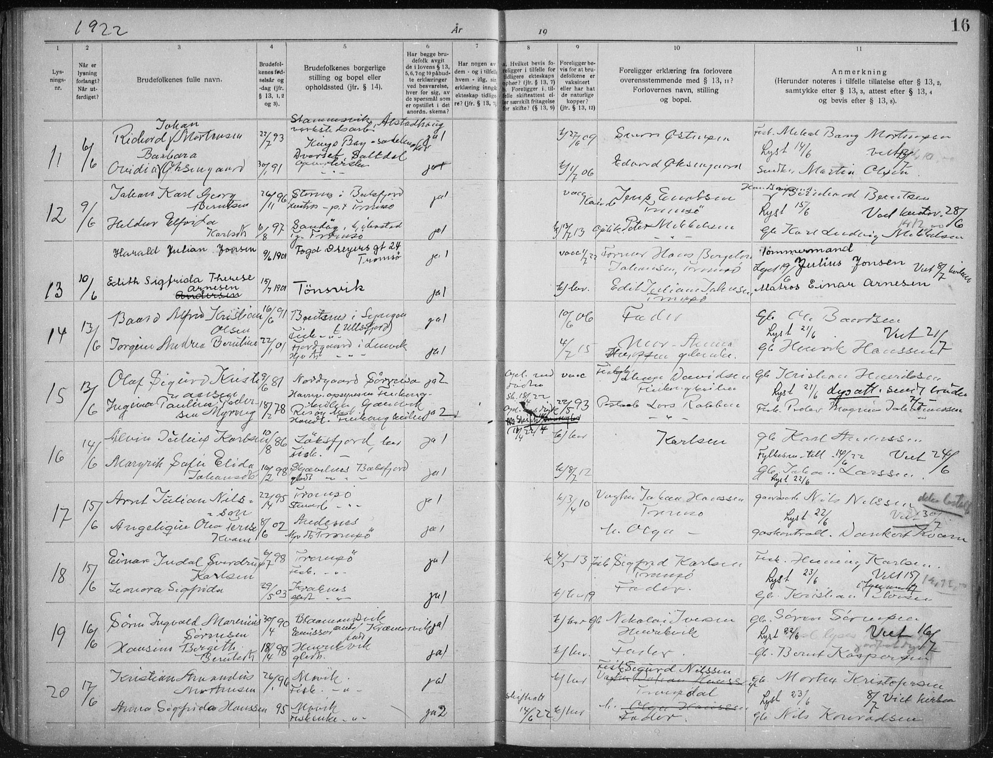 Tromsøysund sokneprestkontor, AV/SATØ-S-1304/H/Hc/L0059: Banns register no. 59, 1919-1937, p. 16