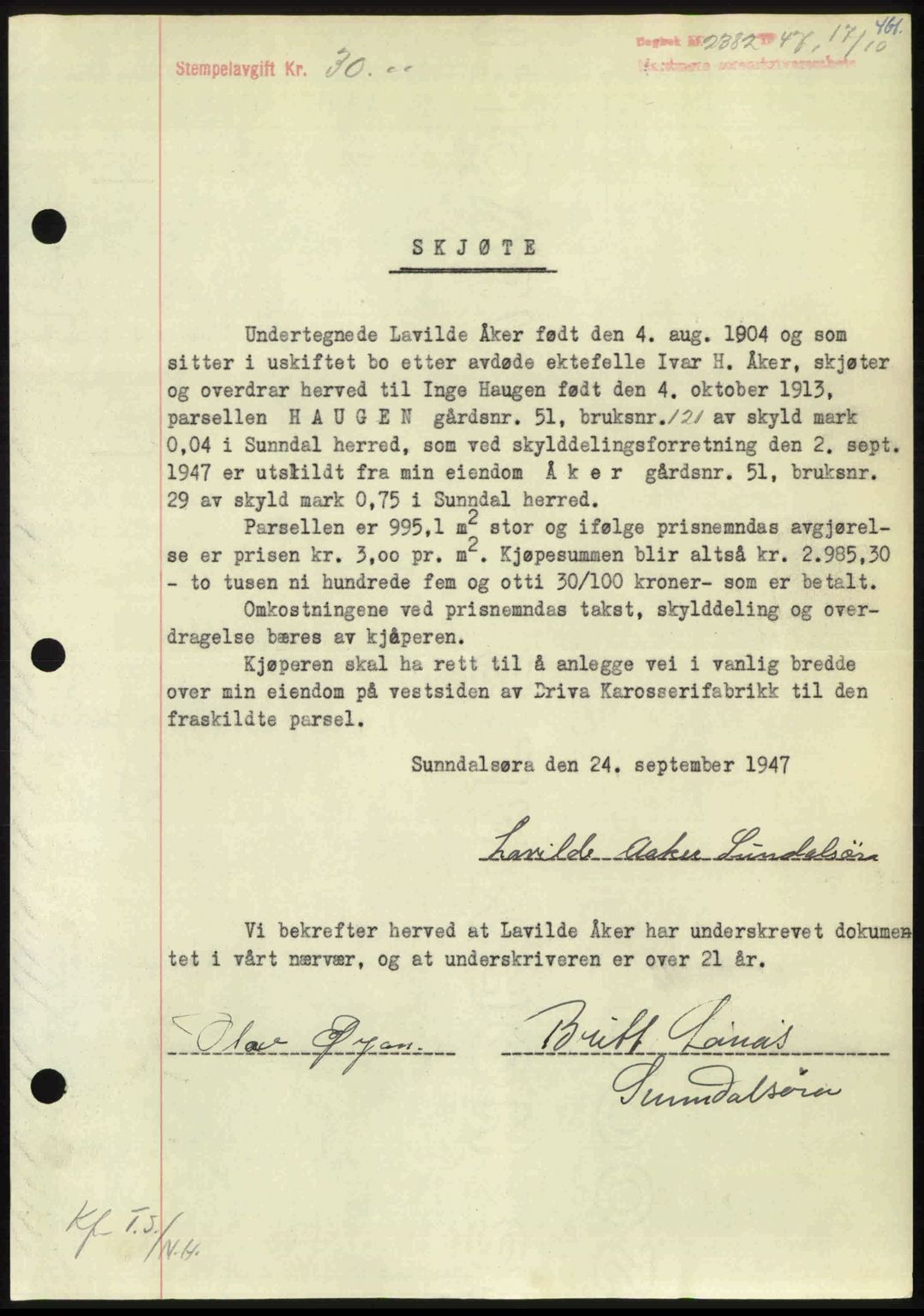 Nordmøre sorenskriveri, AV/SAT-A-4132/1/2/2Ca: Mortgage book no. A106, 1947-1947, Diary no: : 2382/1947