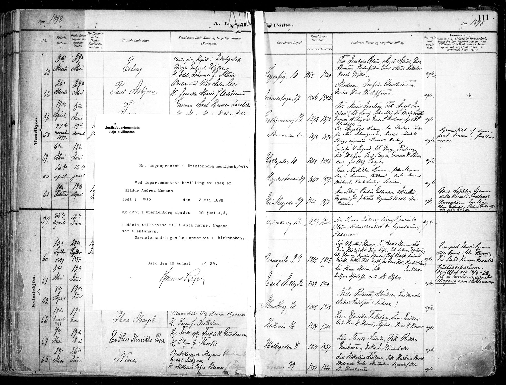 Uranienborg prestekontor Kirkebøker, AV/SAO-A-10877/F/Fa/L0005: Parish register (official) no. 5, 1895-1907, p. 111