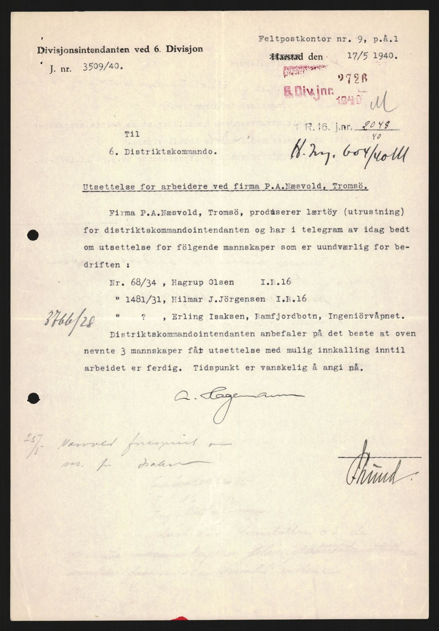 Forsvaret, Forsvarets krigshistoriske avdeling, AV/RA-RAFA-2017/Y/Yb/L0123: II-C-11-600  -  6. Divisjon med avdelinger, 1940, p. 706