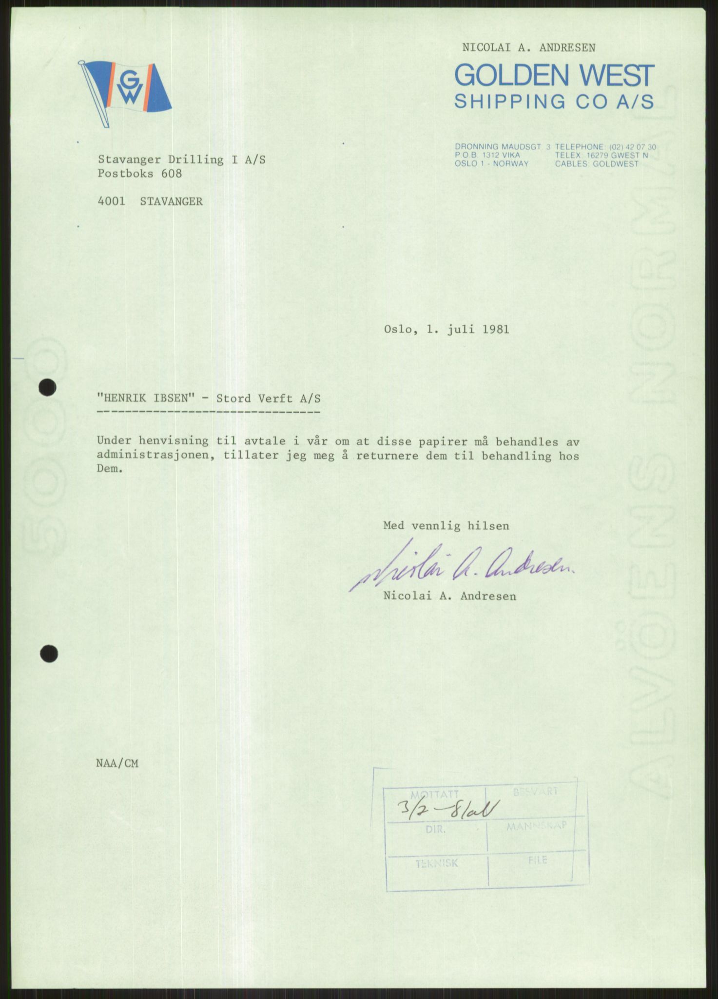 Pa 1503 - Stavanger Drilling AS, AV/SAST-A-101906/D/L0005: Korrespondanse og saksdokumenter, 1974-1985, p. 870