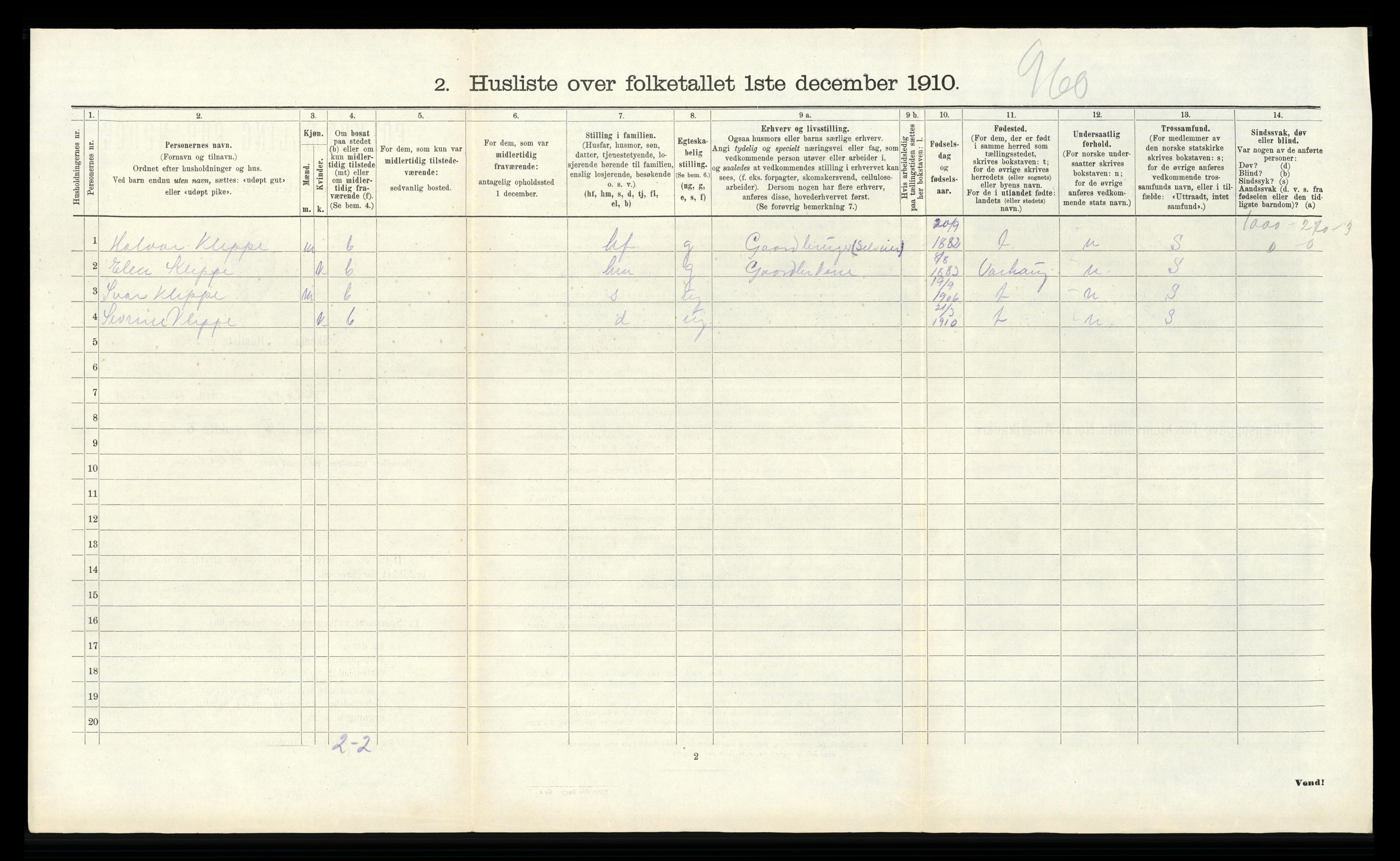 RA, 1910 census for Klepp, 1910, p. 318