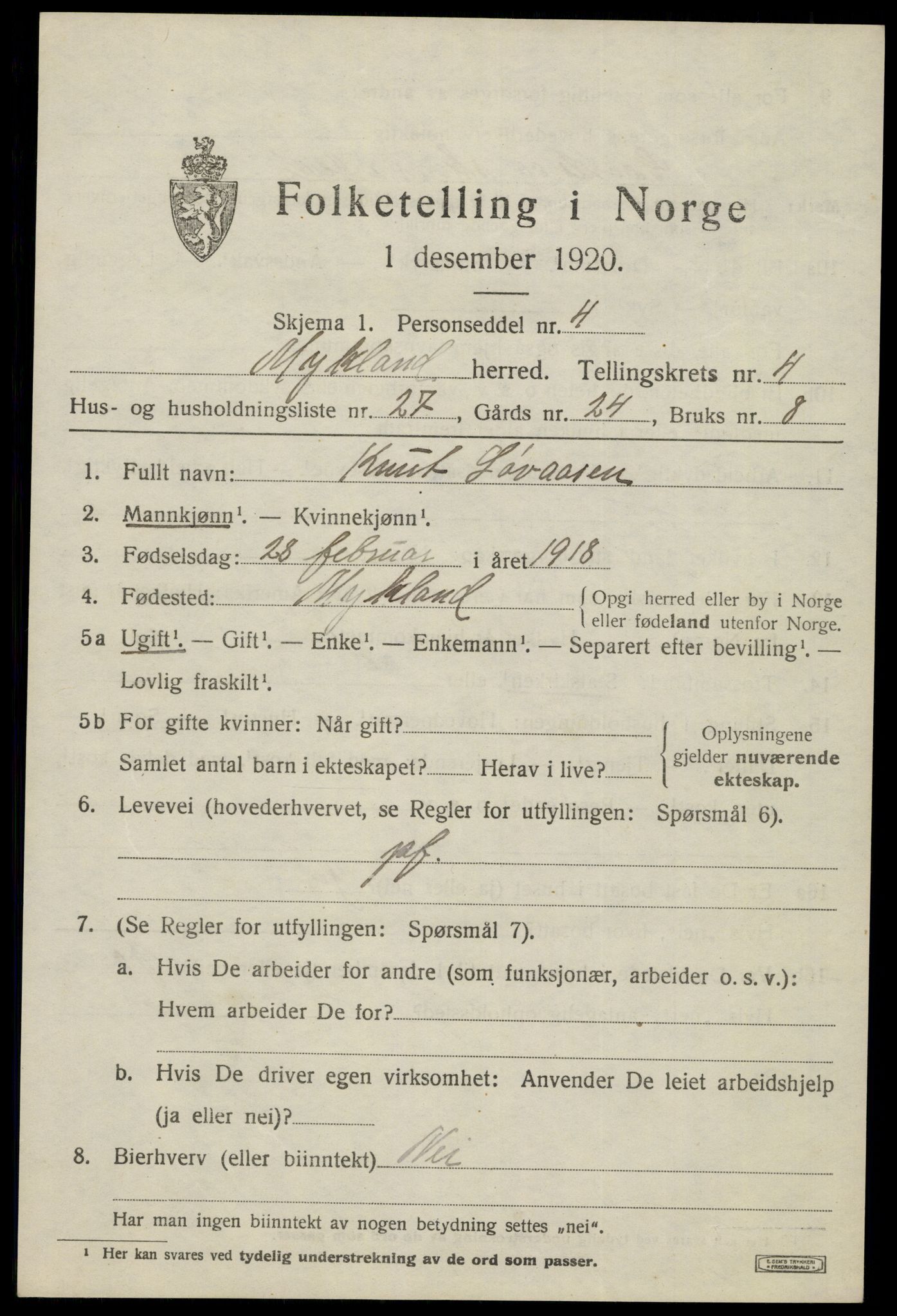 SAK, 1920 census for Mykland, 1920, p. 1660