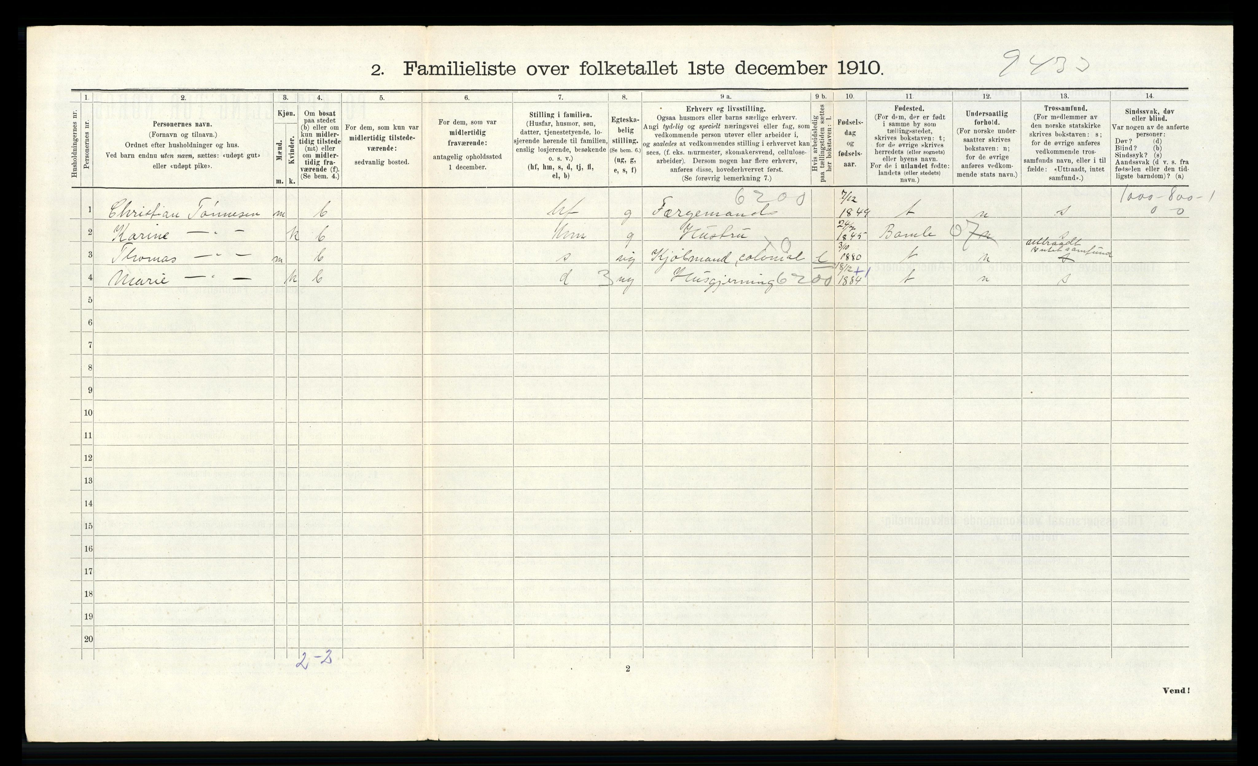 RA, 1910 census for Brevik, 1910, p. 1615