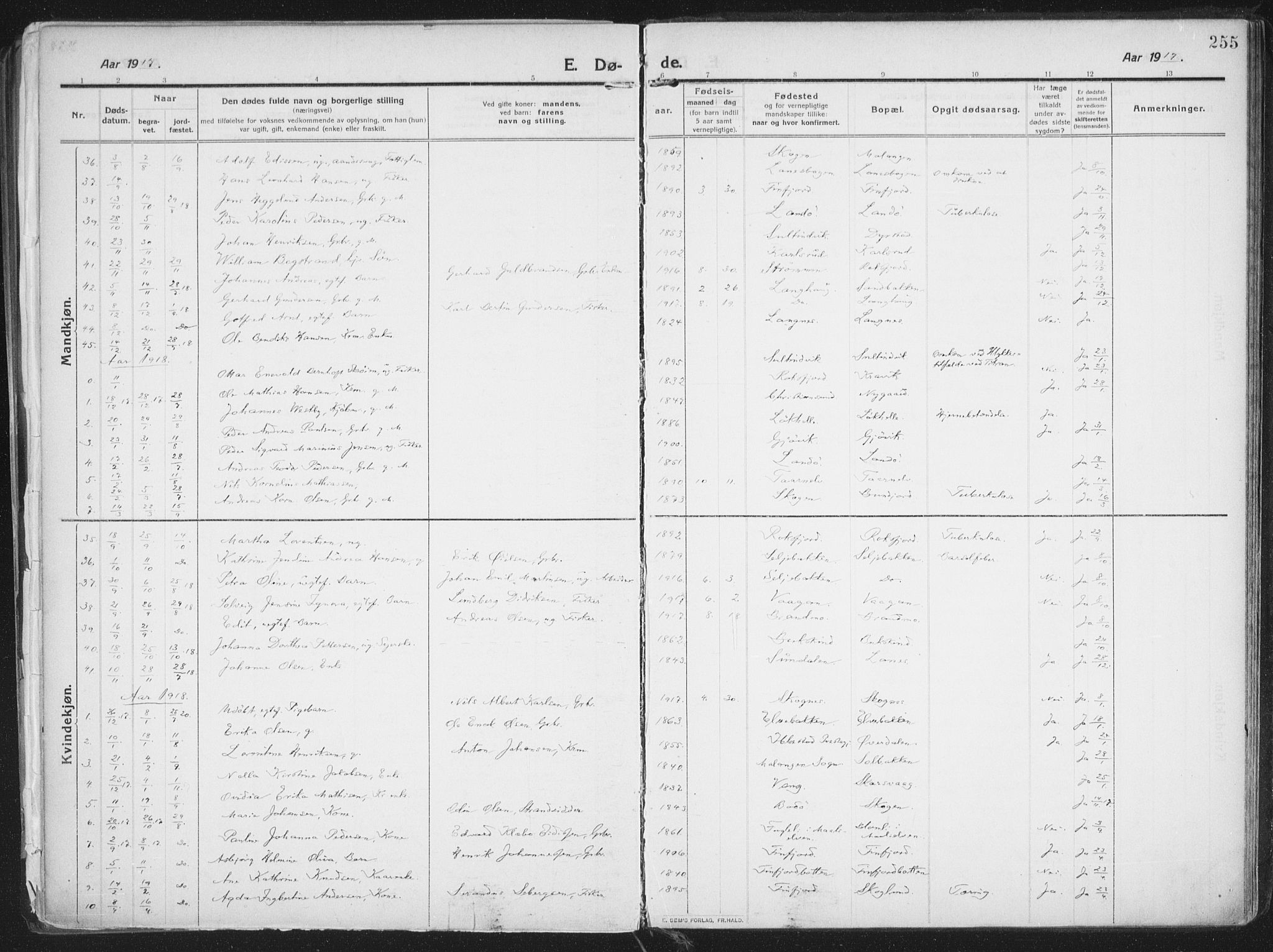 Lenvik sokneprestembete, SATØ/S-1310/H/Ha/Haa/L0016kirke: Parish register (official) no. 16, 1910-1924, p. 255
