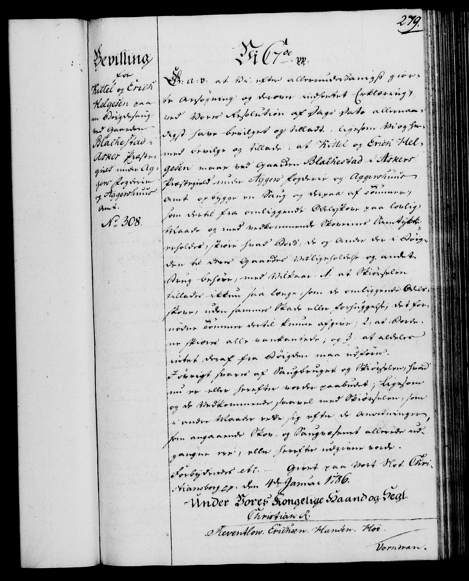 Rentekammeret, Kammerkanselliet, RA/EA-3111/G/Gg/Gga/L0013: Norsk ekspedisjonsprotokoll med register (merket RK 53.13), 1784-1787, p. 279