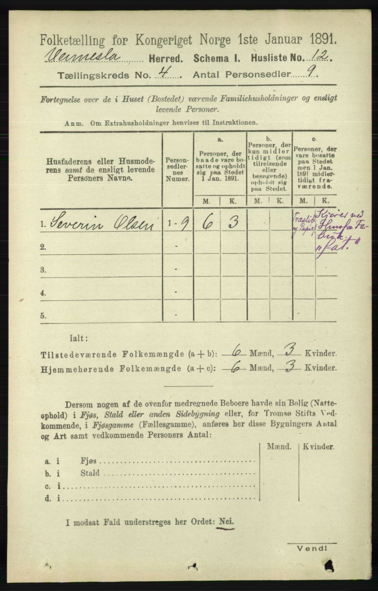 RA, 1891 census for 1014 Vennesla, 1891, p. 846