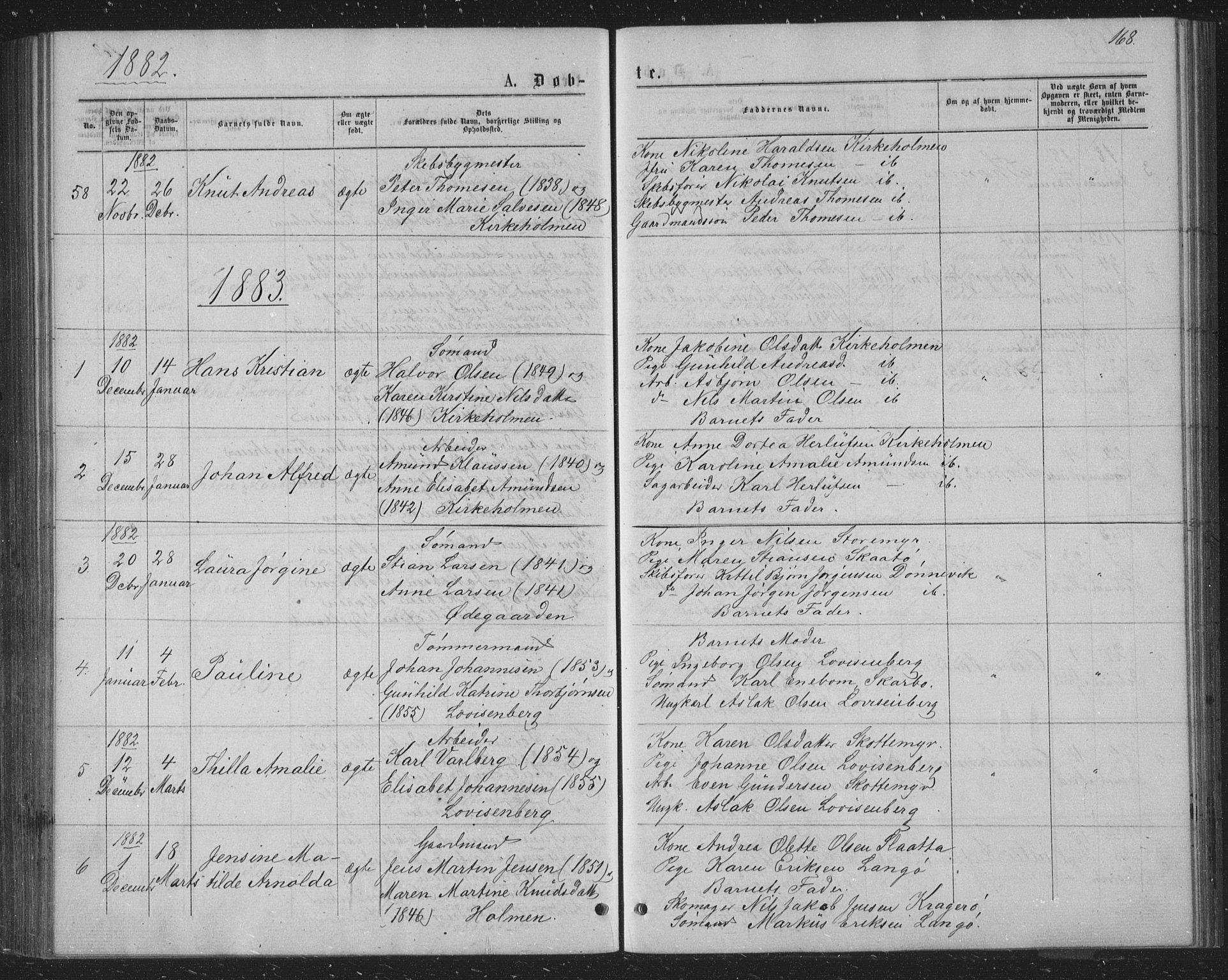 Skåtøy kirkebøker, SAKO/A-304/G/Ga/L0002: Parish register (copy) no. I 2, 1872-1884, p. 168